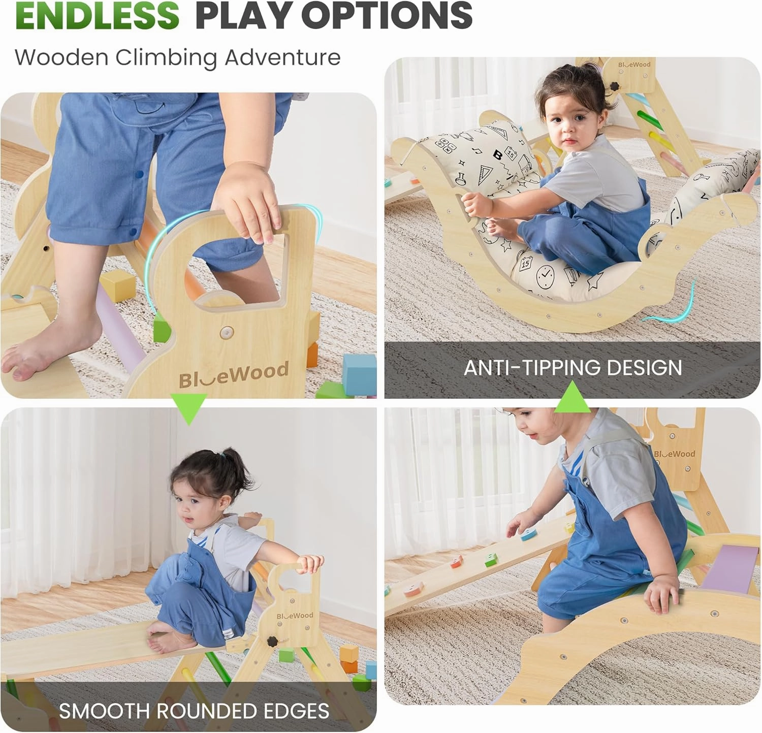 BlueWood Pikler Triangle Set with Cushion, 8-in-1 Climbing Toys for Toddlers, Montessori Philosophy Play Jungle Gym with Arch, Ramp, Ladder(Sunshine Rainbow)