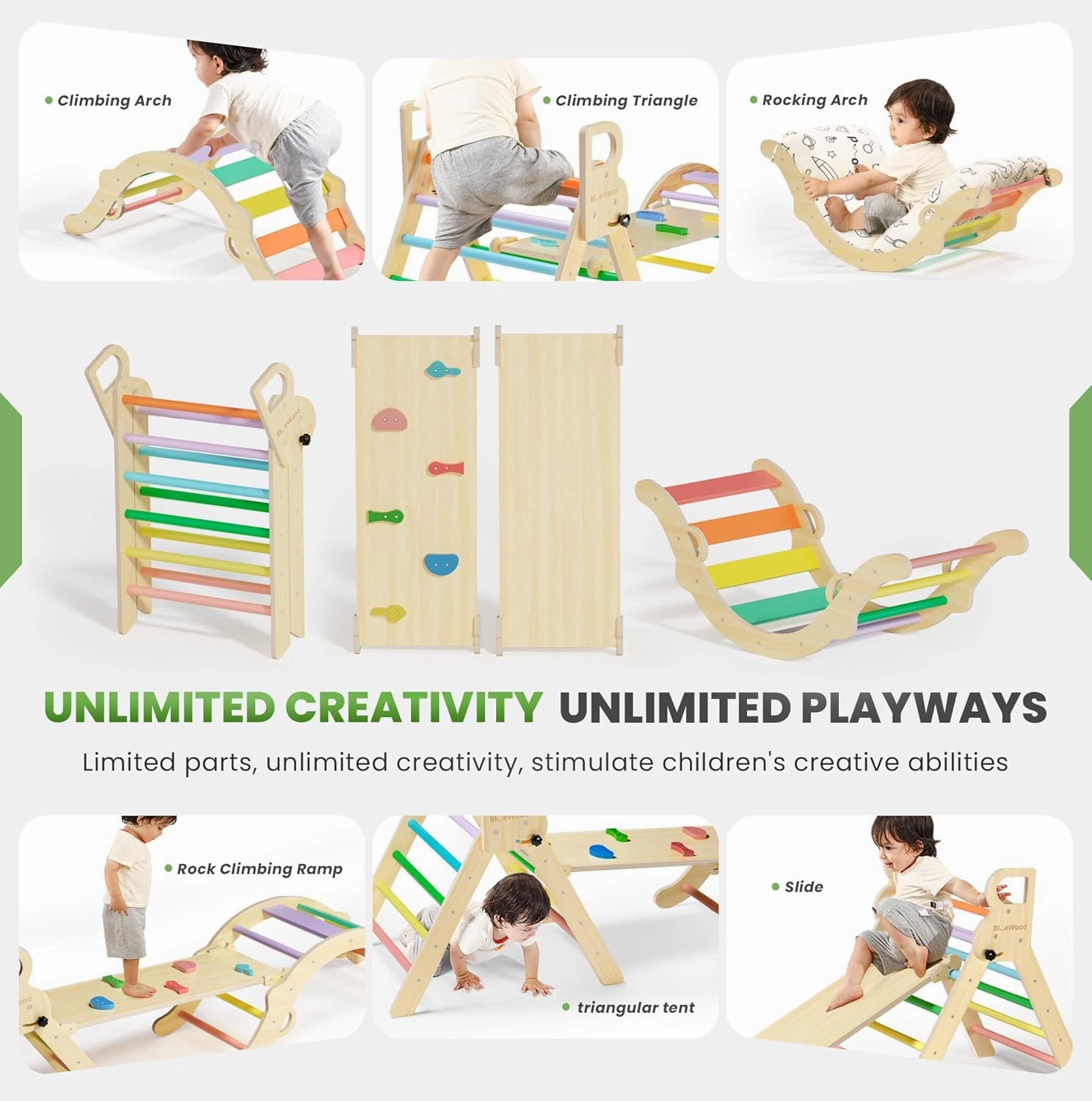 BlueWood Pikler Triangle Set with Cushion, 8-in-1 Climbing Toys for Toddlers, Montessori Philosophy Play Jungle Gym with Arch, Ramp, Ladder(Sunshine Rainbow)