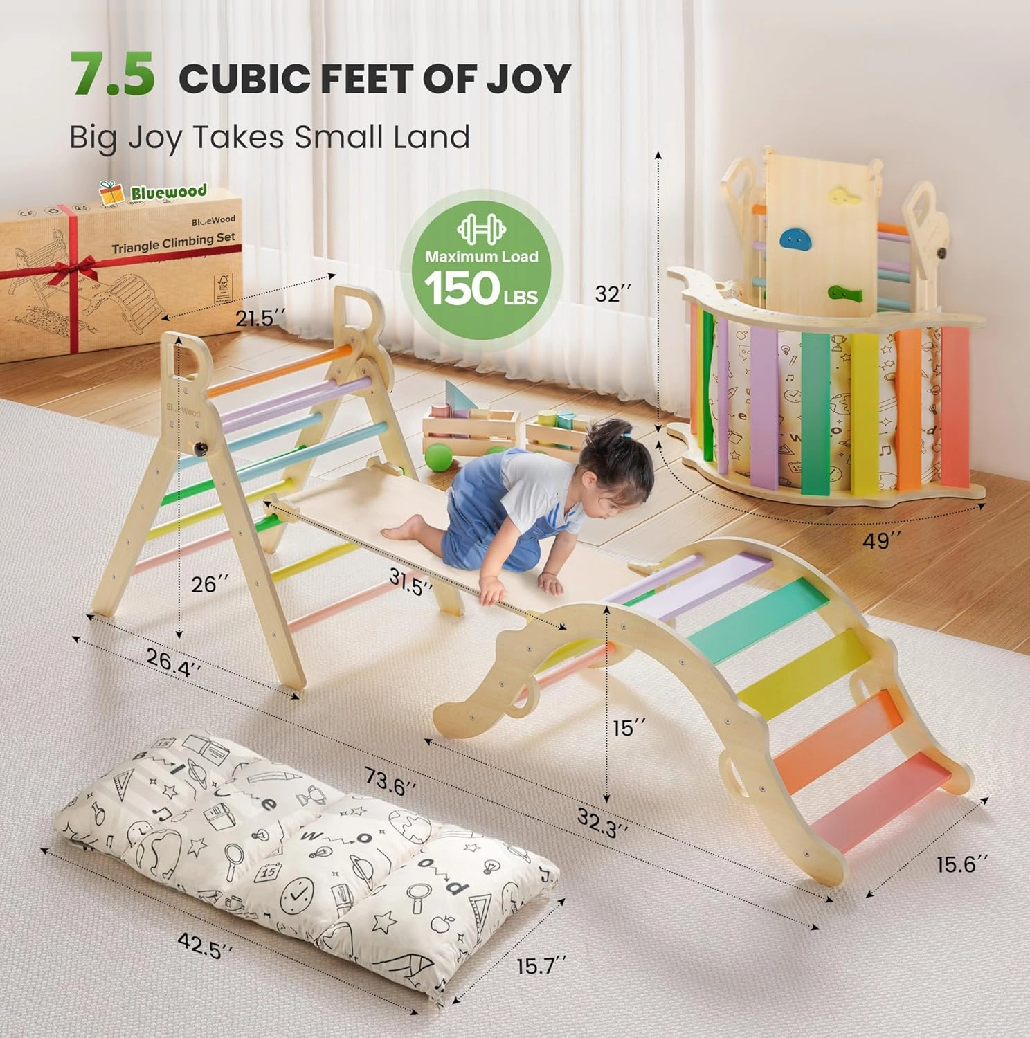BlueWood Pikler Triangle Set with Cushion, 8-in-1 Climbing Toys for Toddlers, Montessori Philosophy Play Jungle Gym with Arch, Ramp, Ladder(Sunshine Rainbow)