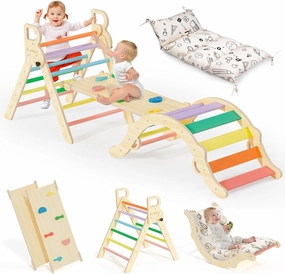 BlueWood Pikler Triangle Set with Cushion, 8-in-1 Climbing Toys for Toddlers, Montessori Philosophy Play Jungle Gym with Arch, Ramp, Ladder(Sunshine Rainbow)