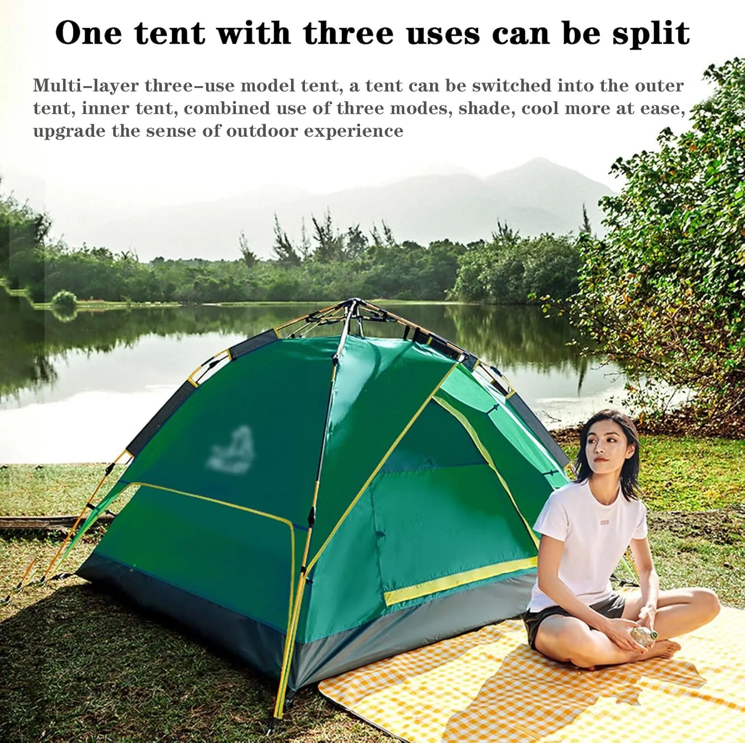 BNEI Family Camping Tent for 4 People, Double Doors, Automatic Installation, Sun Protection, Blue/Green/Grey/Starry Blue