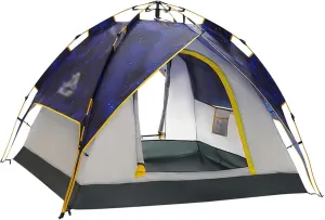 BNEI Family Camping Tent for 4 People, Double Doors, Automatic Installation, Sun Protection, Blue/Green/Grey/Starry Blue