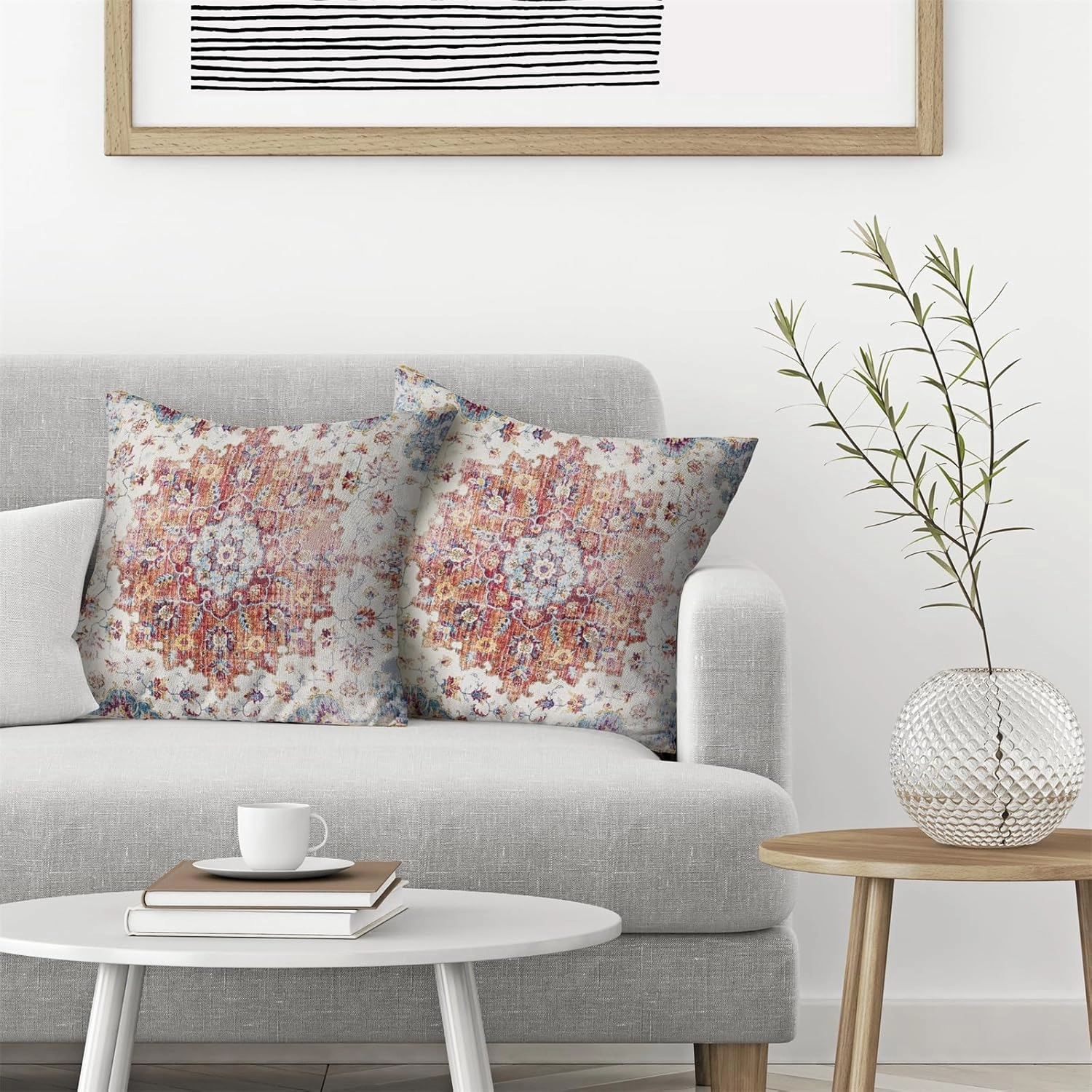 Boho Pillow Covers 16x16 Set of 2, Ethnic Design Decorative Bohemia Throw Pillows Linen Orange Blue Carpet Pattern Farmhouse Cushion Outdoor Pillow Covers for Sofa Couch Outdoor Decor