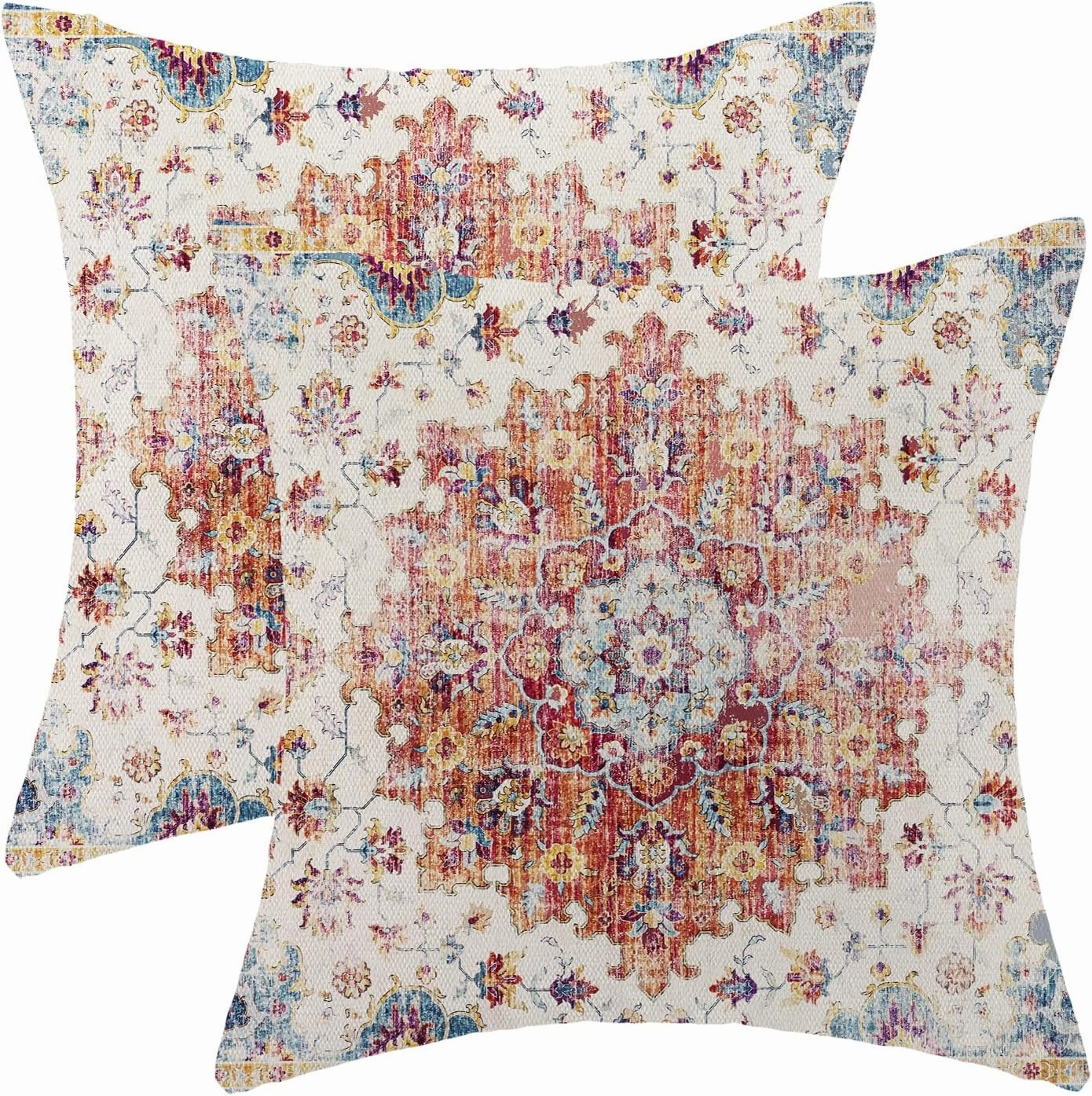 Boho Pillow Covers 16x16 Set of 2, Ethnic Design Decorative Bohemia Throw Pillows Linen Orange Blue Carpet Pattern Farmhouse Cushion Outdoor Pillow Covers for Sofa Couch Outdoor Decor