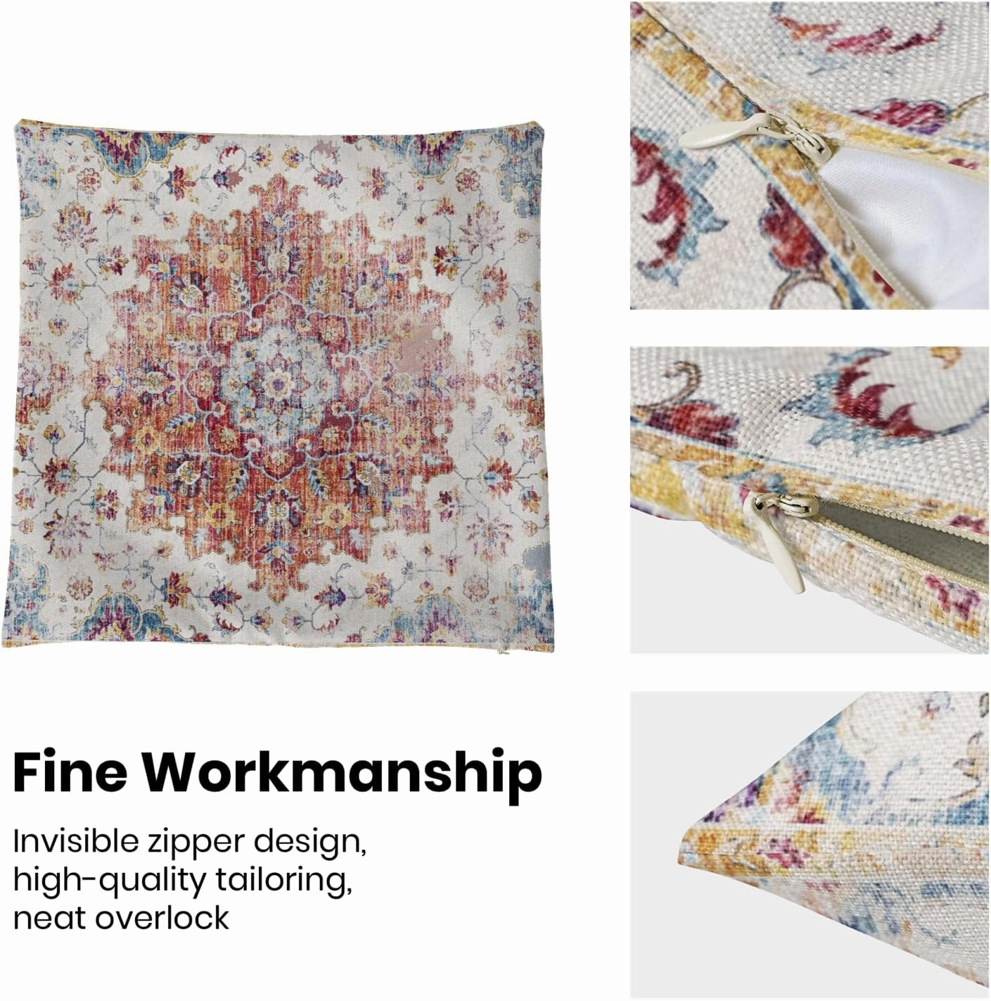 Boho Pillow Covers 16x16 Set of 2, Ethnic Design Decorative Bohemia Throw Pillows Linen Orange Blue Carpet Pattern Farmhouse Cushion Outdoor Pillow Covers for Sofa Couch Outdoor Decor