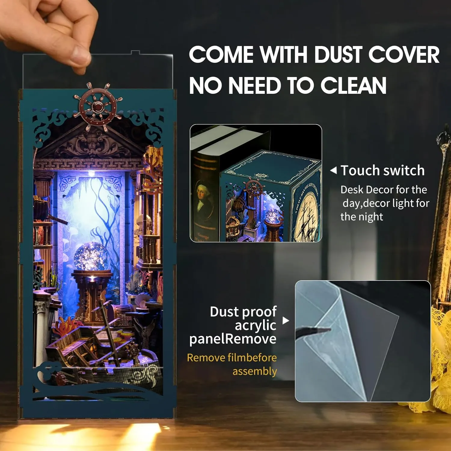 Book Nook Kit with Dust Cover & LED Light, DIY Miniature House Kit for Birthday, 3D Wooden Bookends Puzzle, Bookshelf Decor for Adults, Teens, Beginners (Sea Maze)