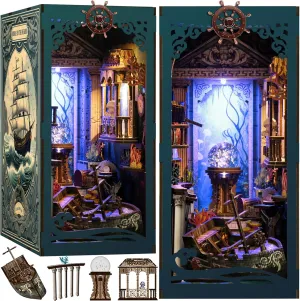 Book Nook Kit with Dust Cover & LED Light, DIY Miniature House Kit for Birthday, 3D Wooden Bookends Puzzle, Bookshelf Decor for Adults, Teens, Beginners (Sea Maze)