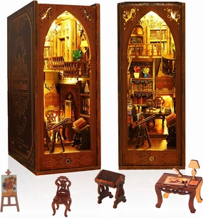 Book Nook Kit - DIY Miniature Model Wooden Dollhouse Booknook with LED Light for Adults Teen, Building Mini Puzzle Toy Bookends Shelf Decor Crafts for Boy Girls Gifts - Library of Books