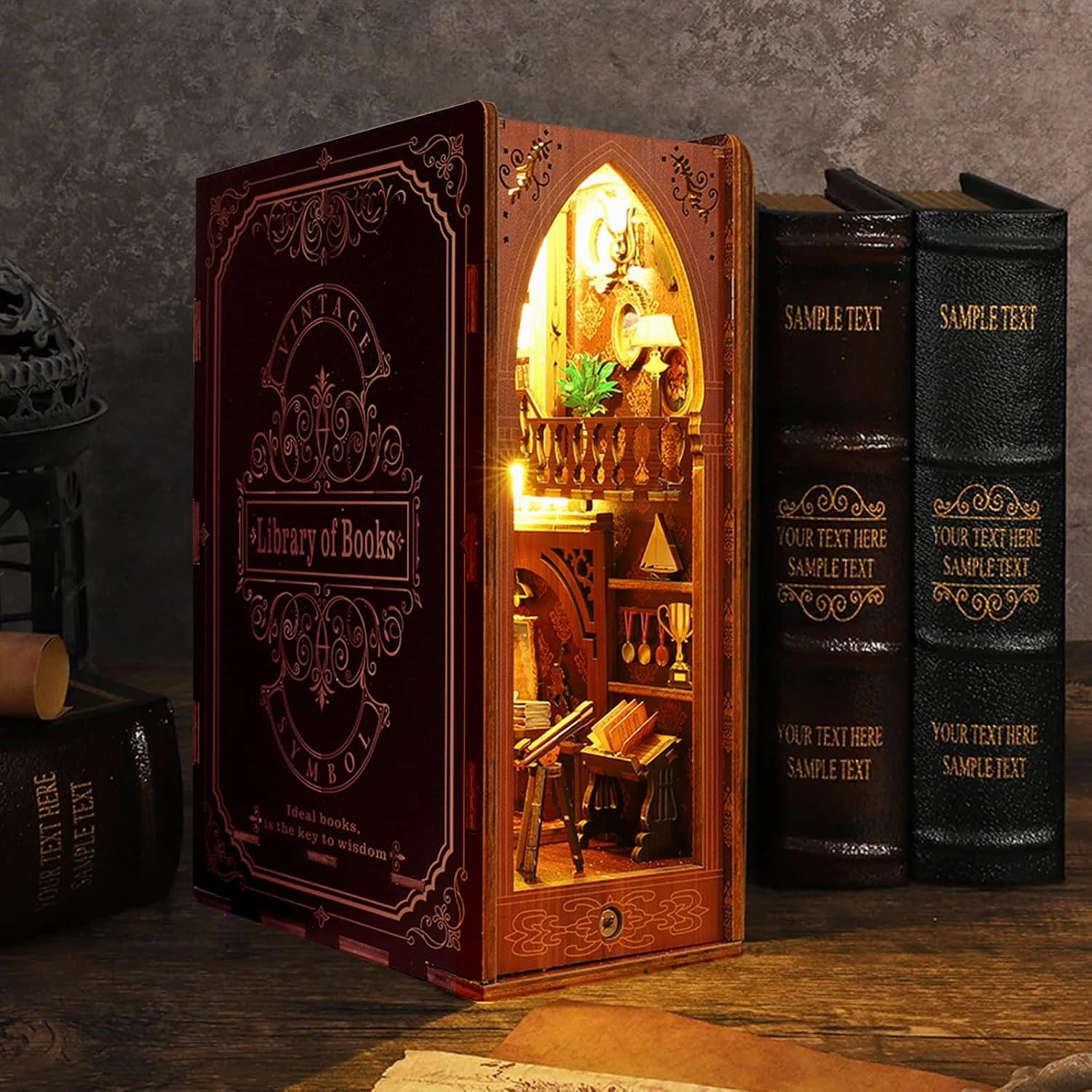 Book Nook Kit - DIY Miniature Model Wooden Dollhouse Booknook with LED Light for Adults Teen, Building Mini Puzzle Toy Bookends Shelf Decor Crafts for Boy Girls Gifts - Library of Books