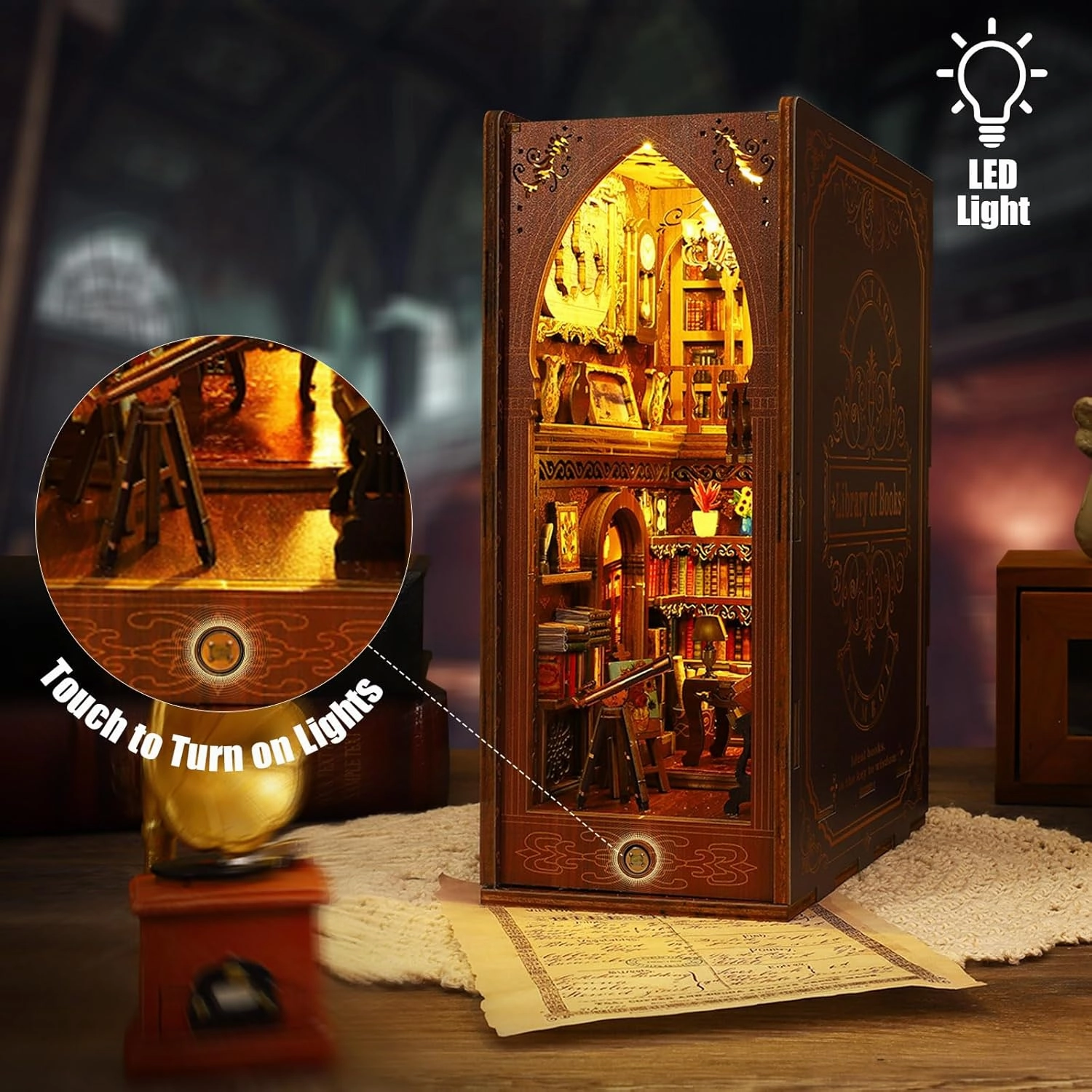 Book Nook Kit - DIY Miniature Model Wooden Dollhouse Booknook with LED Light for Adults Teen, Building Mini Puzzle Toy Bookends Shelf Decor Crafts for Boy Girls Gifts - Library of Books