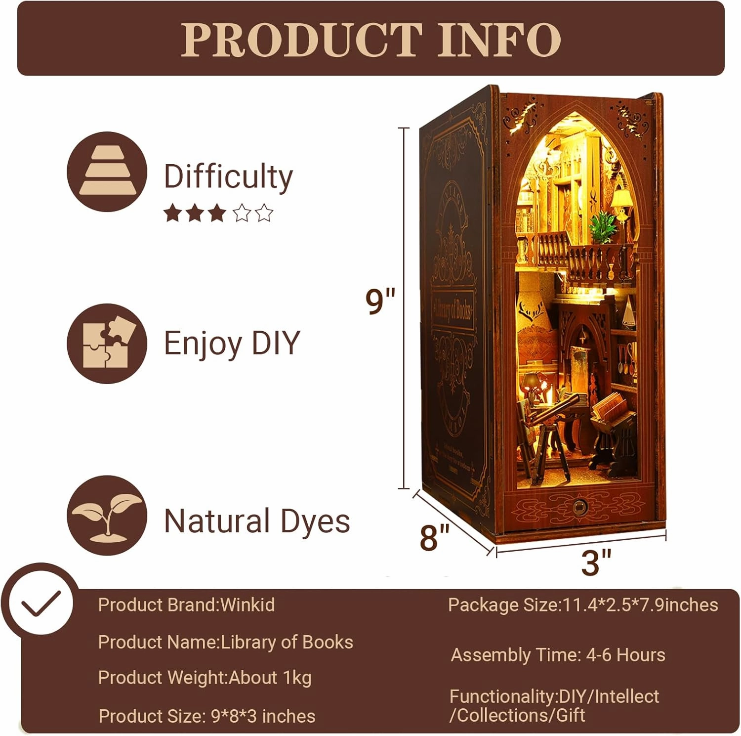 Book Nook Kit - DIY Miniature Model Wooden Dollhouse Booknook with LED Light for Adults Teen, Building Mini Puzzle Toy Bookends Shelf Decor Crafts for Boy Girls Gifts - Library of Books