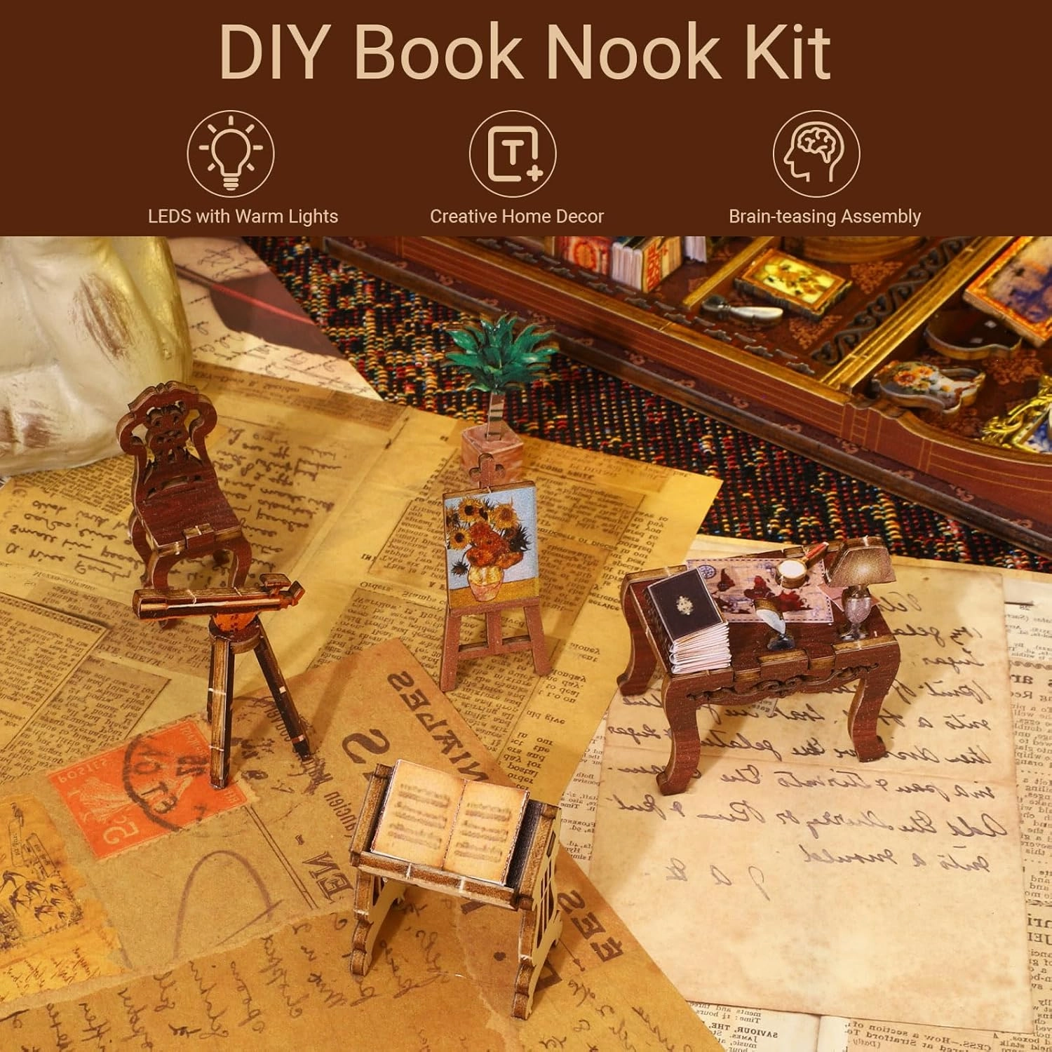 Book Nook Kit - DIY Miniature Model Wooden Dollhouse Booknook with LED Light for Adults Teen, Building Mini Puzzle Toy Bookends Shelf Decor Crafts for Boy Girls Gifts - Library of Books