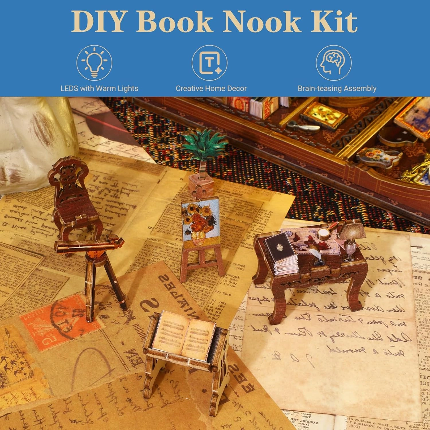 Book Nook Kit - DIY Miniature Model Wooden Dollhouse Booknook with LED Light for Adults Teen, Building Mini Puzzle Toy Bookends Shelf Decor Crafts for Boy Girls Gifts - Magic Book House