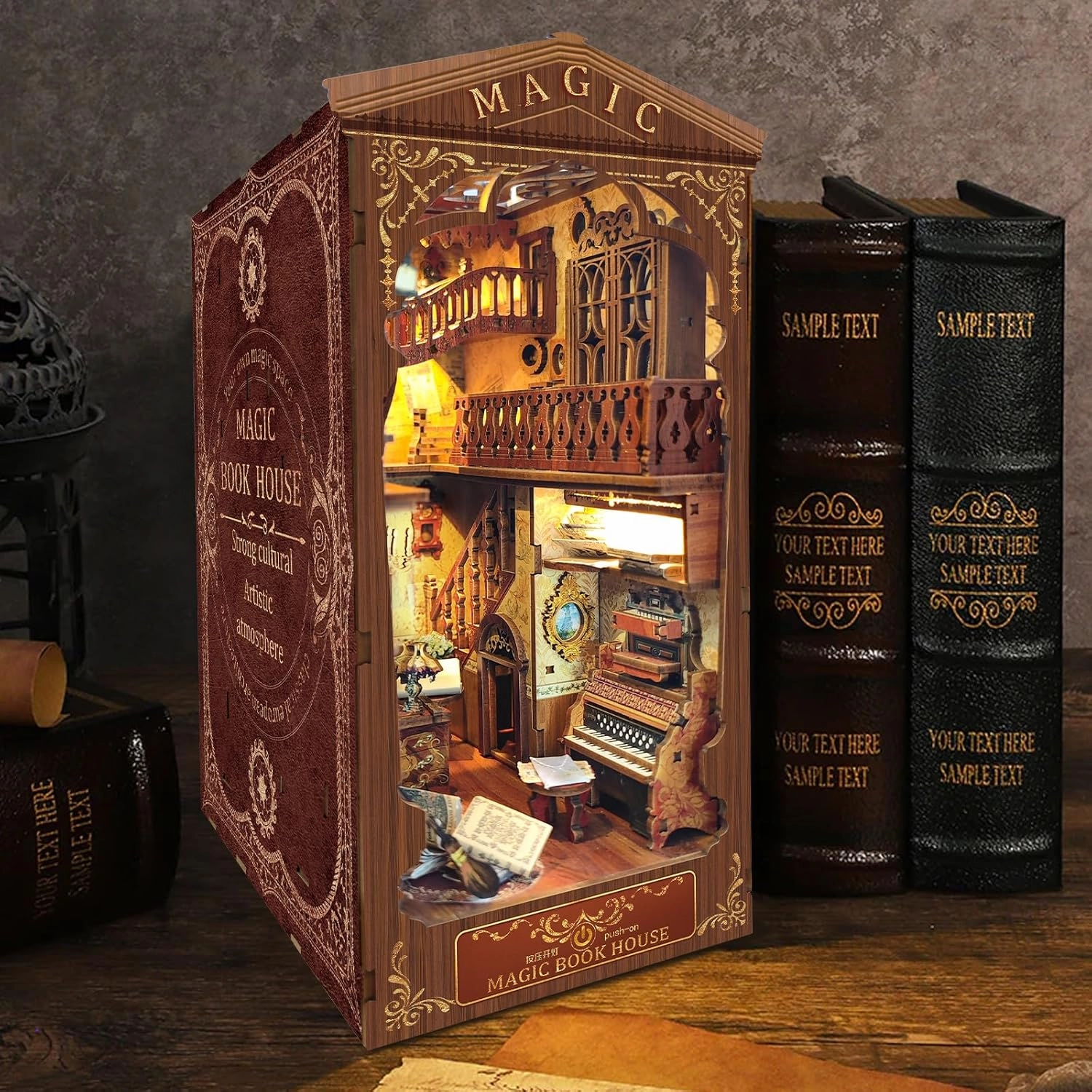 Book Nook Kit - DIY Miniature Model Wooden Dollhouse Booknook with LED Light for Adults Teen, Building Mini Puzzle Toy Bookends Shelf Decor Crafts for Boy Girls Gifts - Magic Book House