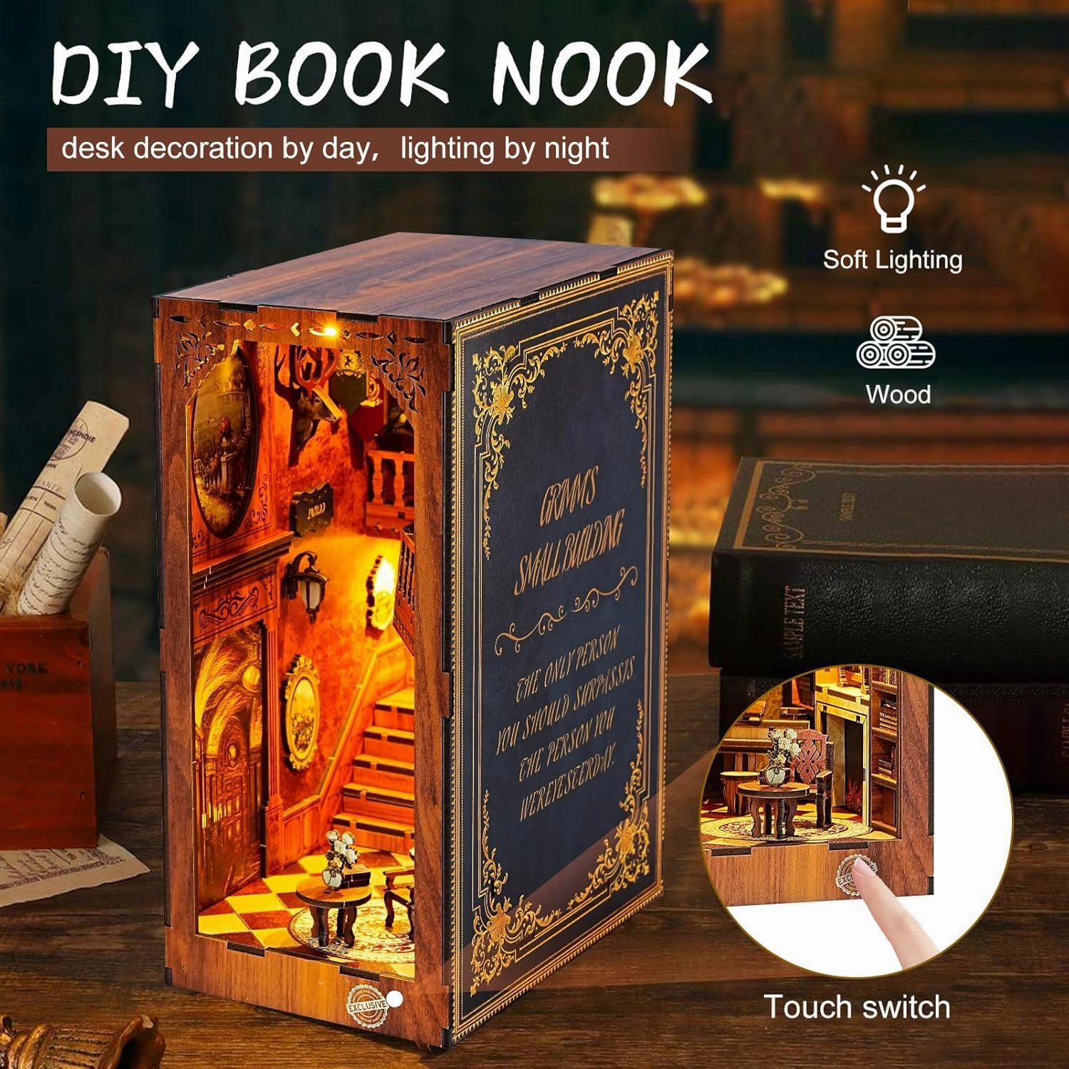 Book Nook Kit for Adults, DIY Miniature Booknook Kit with Led Light, 3D Wooden Bookshelf Puzzle Booknook Insert Decor Crafts for Adults Teen Gifts (GRIMM'S Small Building)