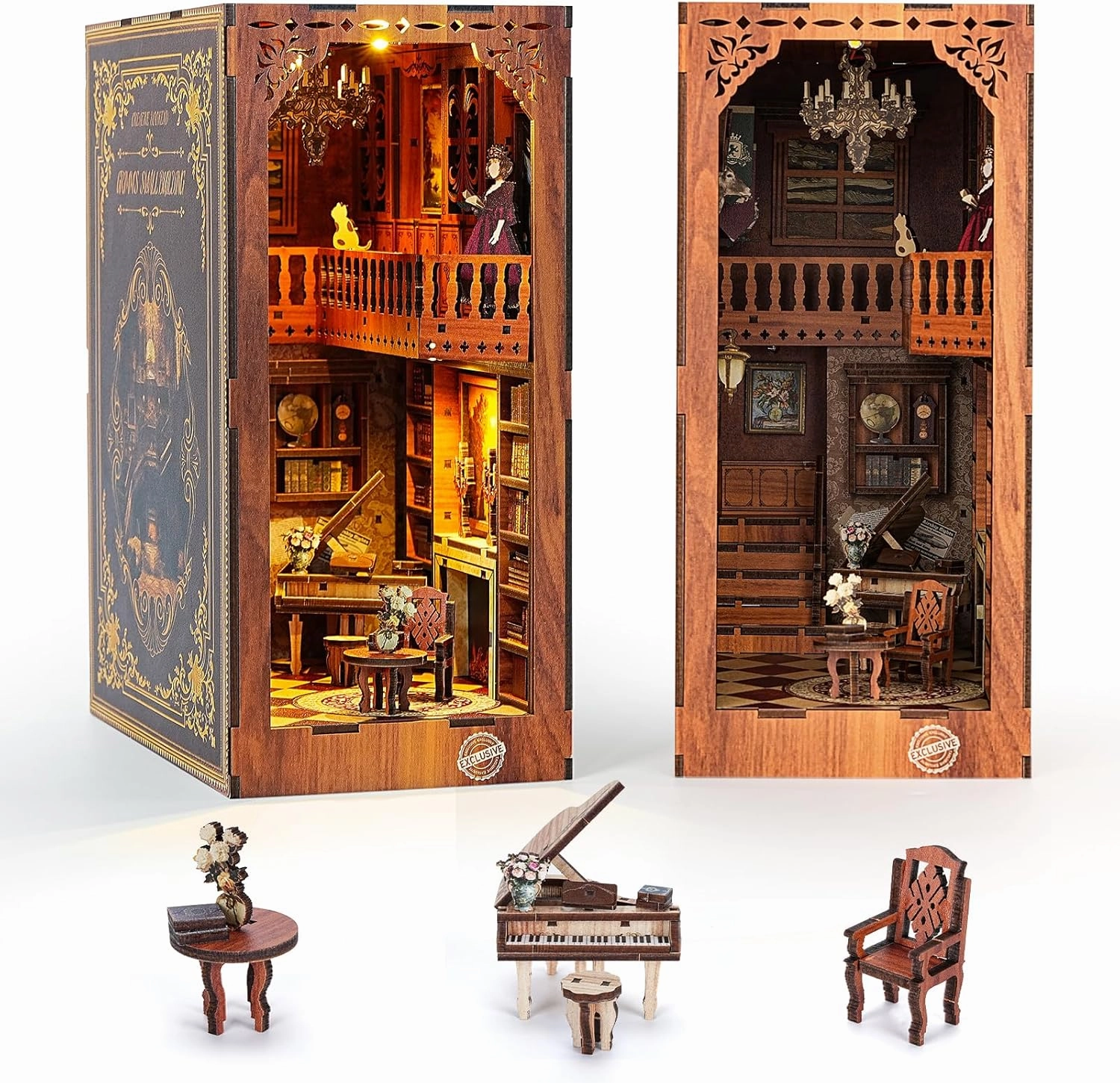 Book Nook Kit for Adults, DIY Miniature Booknook Kit with Led Light, 3D Wooden Bookshelf Puzzle Booknook Insert Decor Crafts for Adults Teen Gifts (GRIMM'S Small Building)