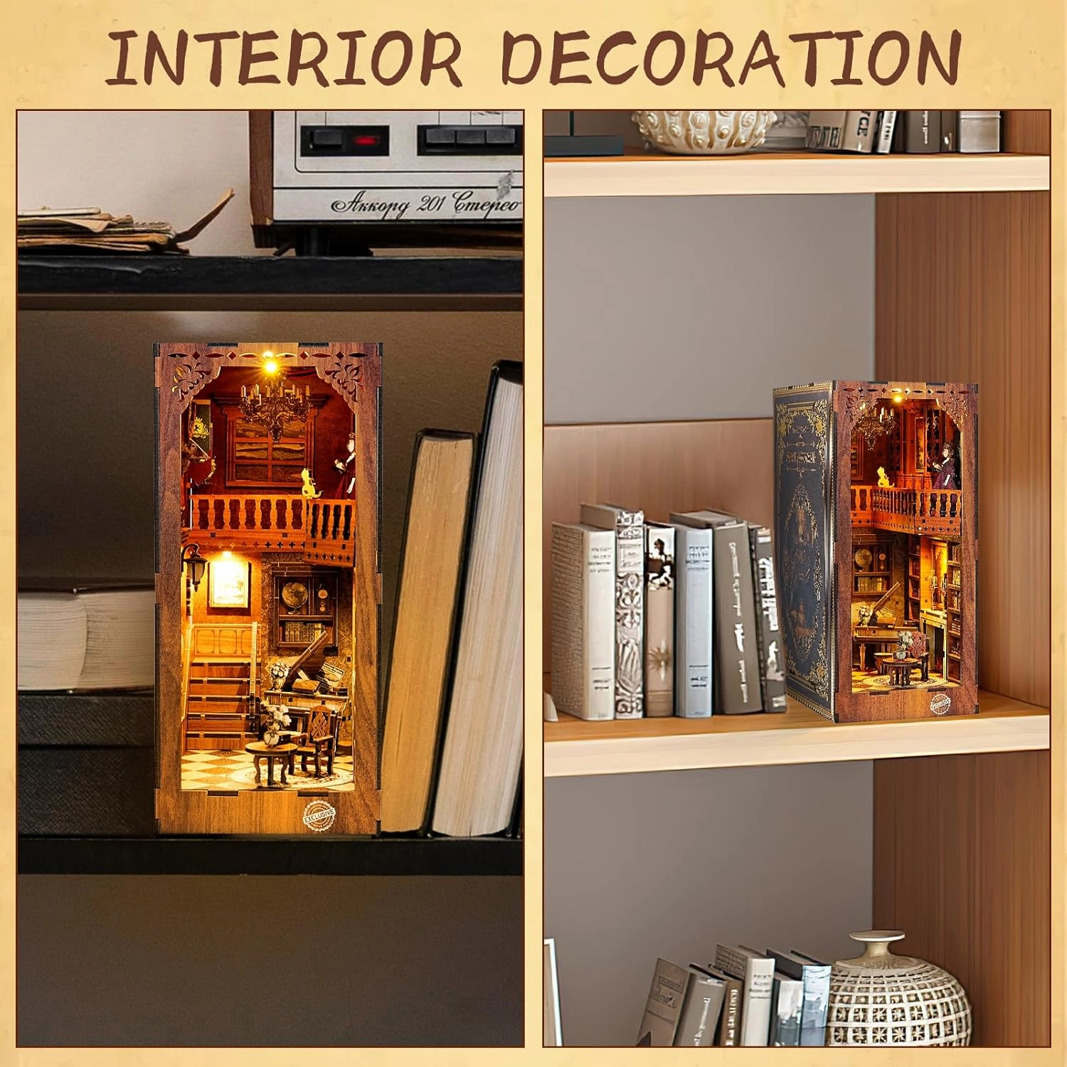 Book Nook Kit for Adults, DIY Miniature Booknook Kit with Led Light, 3D Wooden Bookshelf Puzzle Booknook Insert Decor Crafts for Adults Teen Gifts (GRIMM'S Small Building)
