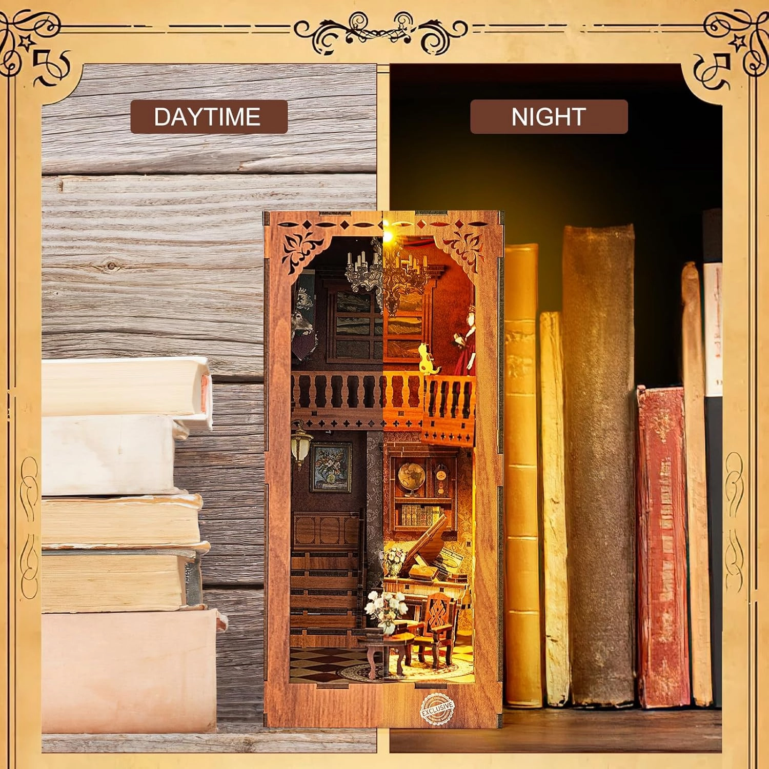 Book Nook Kit for Adults, DIY Miniature Booknook Kit with Led Light, 3D Wooden Bookshelf Puzzle Booknook Insert Decor Crafts for Adults Teen Gifts (GRIMM'S Small Building)