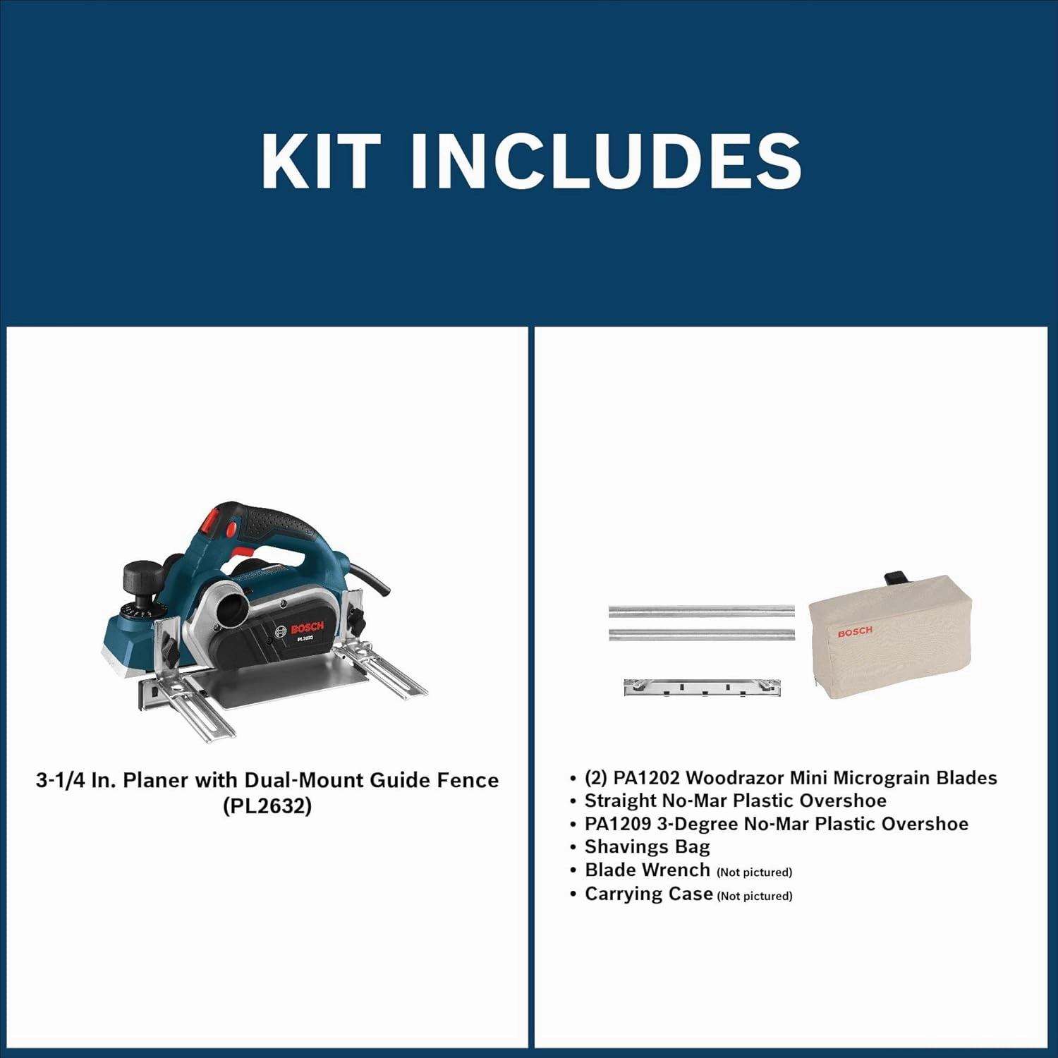 BOSCH 3-1/4 Inch 6.5 Amp Hand Planer for Woodworking, 2.6 mm Cut Depth, Corded with Carrying Case (PL2632K)