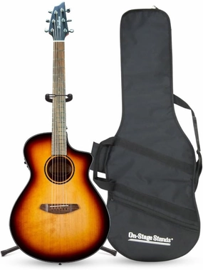 Breedlove Discovery S Concert Edgeburst CE European Spruce African Mahogany Acoustic Electric Guitar Bundle with 4550 Series Acoustic Guitar Bag and FocusProAudio Tripod Guitar Stand (Black) (3 Items)