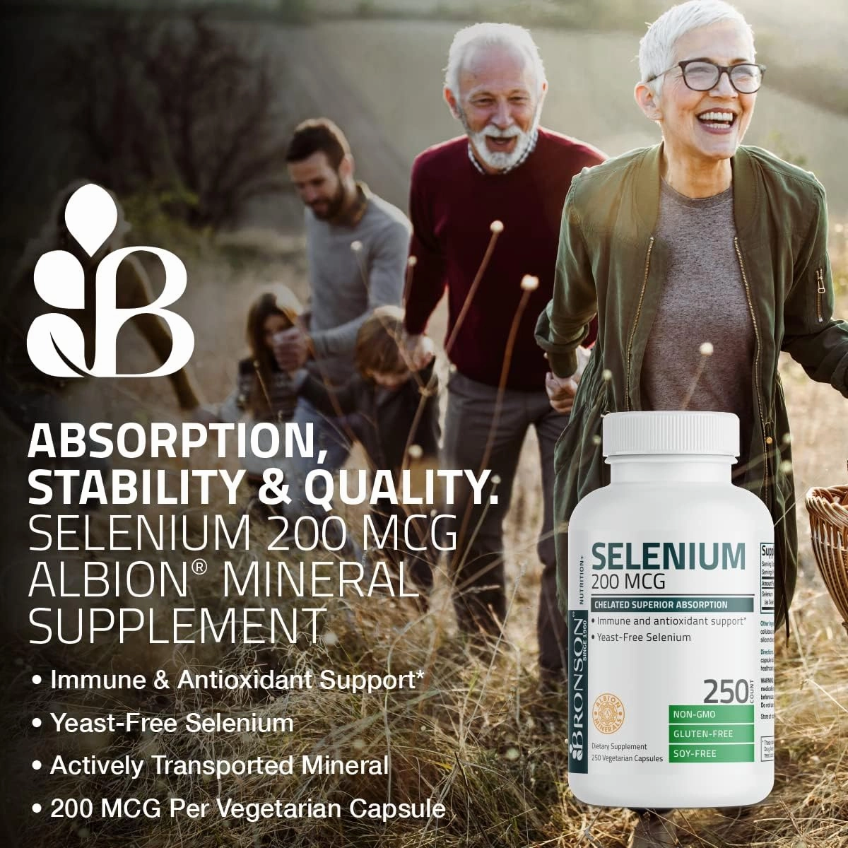 Bronson Selenium 200 mcg – Yeast Free Chelated Amino Acid Complex - Essential Trace Mineral with Superior Absorption, 250 Vegetarian Capsules