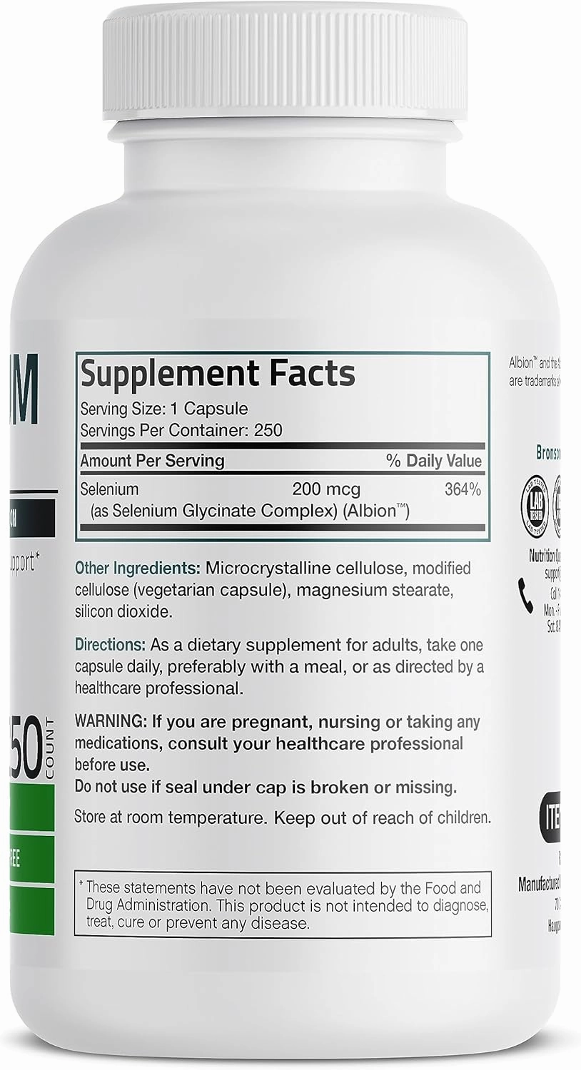Bronson Selenium 200 mcg – Yeast Free Chelated Amino Acid Complex - Essential Trace Mineral with Superior Absorption, 250 Vegetarian Capsules