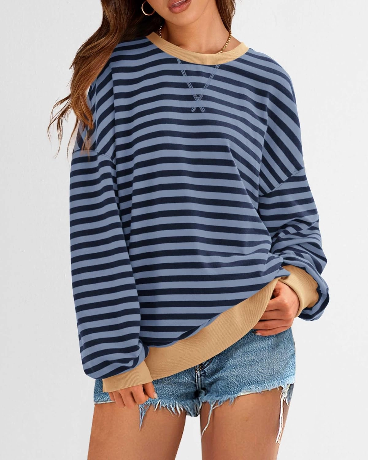 BTFBM Womens Striped Pullover Tops Spring Fall Clothes 2025 Long Sleeve Shirts Trendy Crew Neck Loose Y2K Sweatshirts