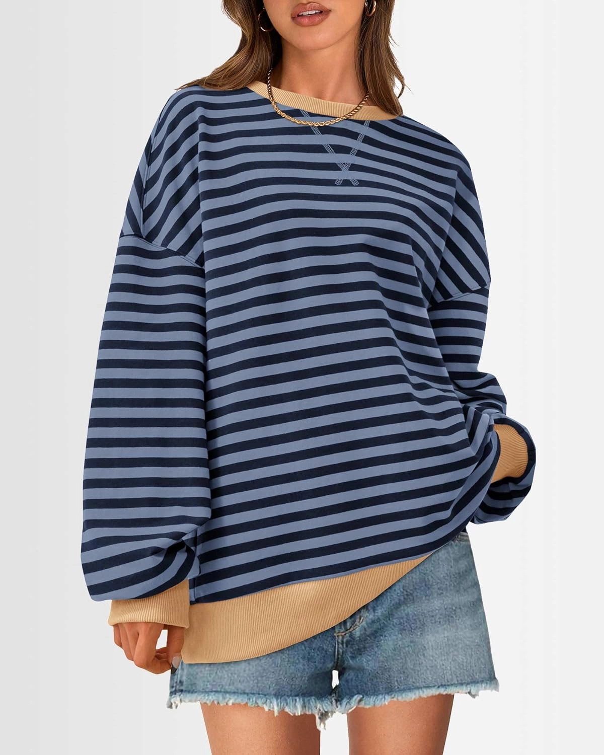 BTFBM Womens Striped Pullover Tops Spring Fall Clothes 2025 Long Sleeve Shirts Trendy Crew Neck Loose Y2K Sweatshirts