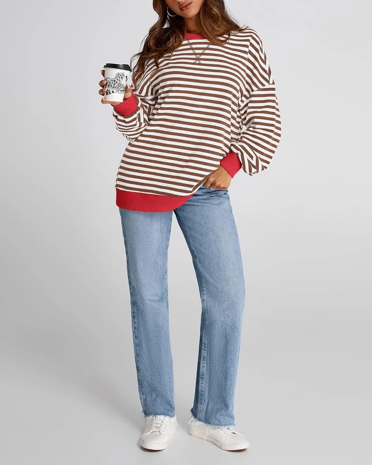 BTFBM Womens Striped Pullover Tops Spring Fall Clothes 2025 Long Sleeve Shirts Trendy Crew Neck Loose Y2K Sweatshirts