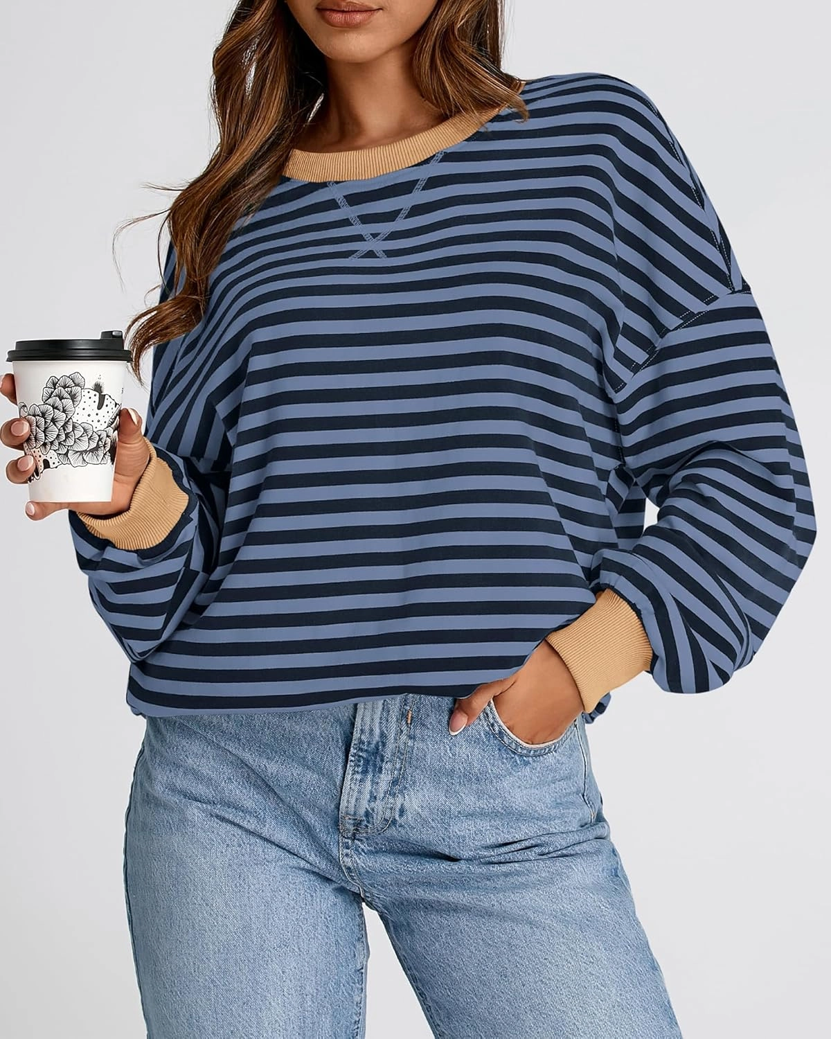 BTFBM Womens Striped Pullover Tops Spring Fall Clothes 2025 Long Sleeve Shirts Trendy Crew Neck Loose Y2K Sweatshirts