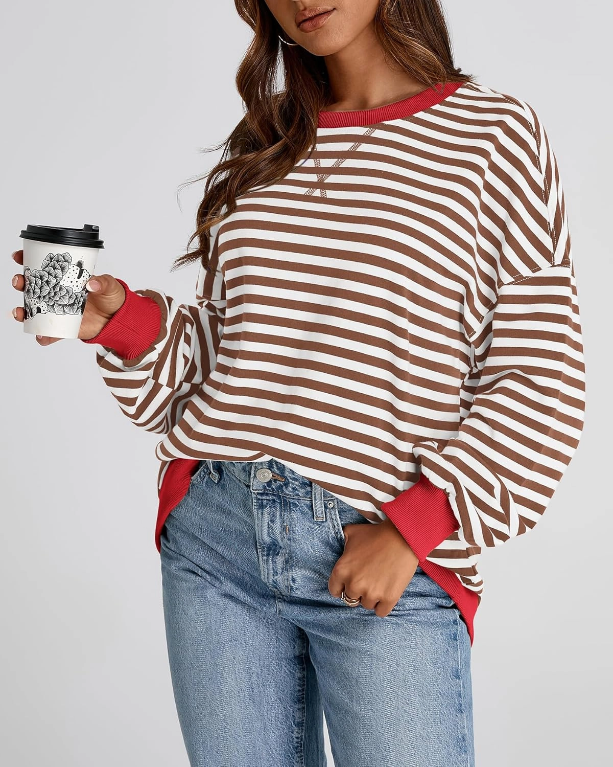 BTFBM Womens Striped Pullover Tops Spring Fall Clothes 2025 Long Sleeve Shirts Trendy Crew Neck Loose Y2K Sweatshirts