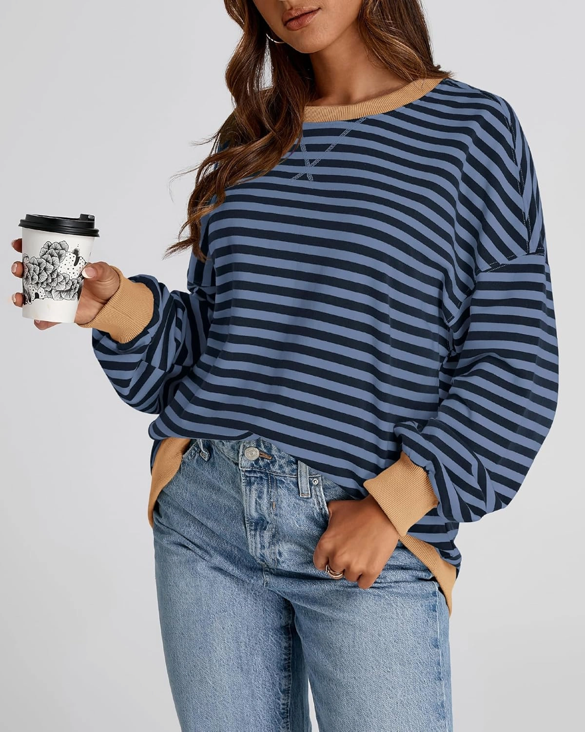 BTFBM Womens Striped Pullover Tops Spring Fall Clothes 2025 Long Sleeve Shirts Trendy Crew Neck Loose Y2K Sweatshirts