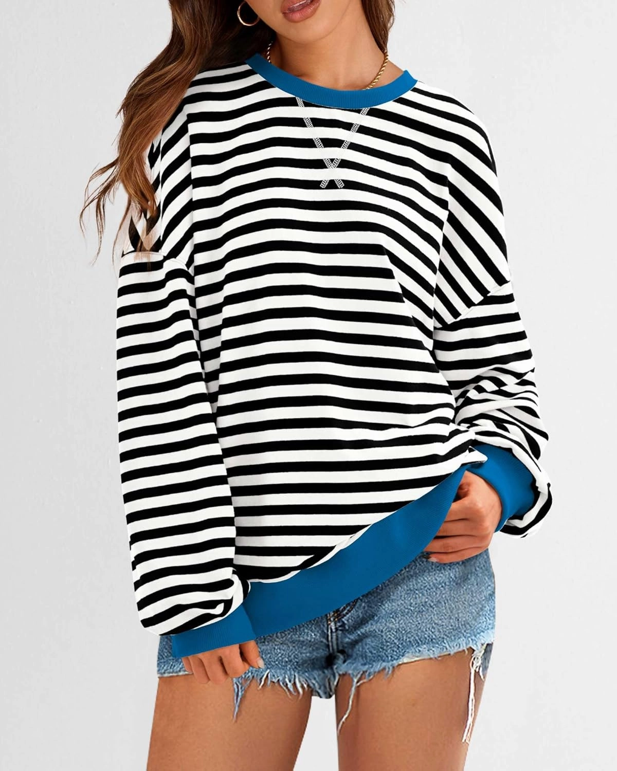 BTFBM Womens Striped Pullover Tops Spring Fall Clothes 2025 Long Sleeve Shirts Trendy Crew Neck Loose Y2K Sweatshirts