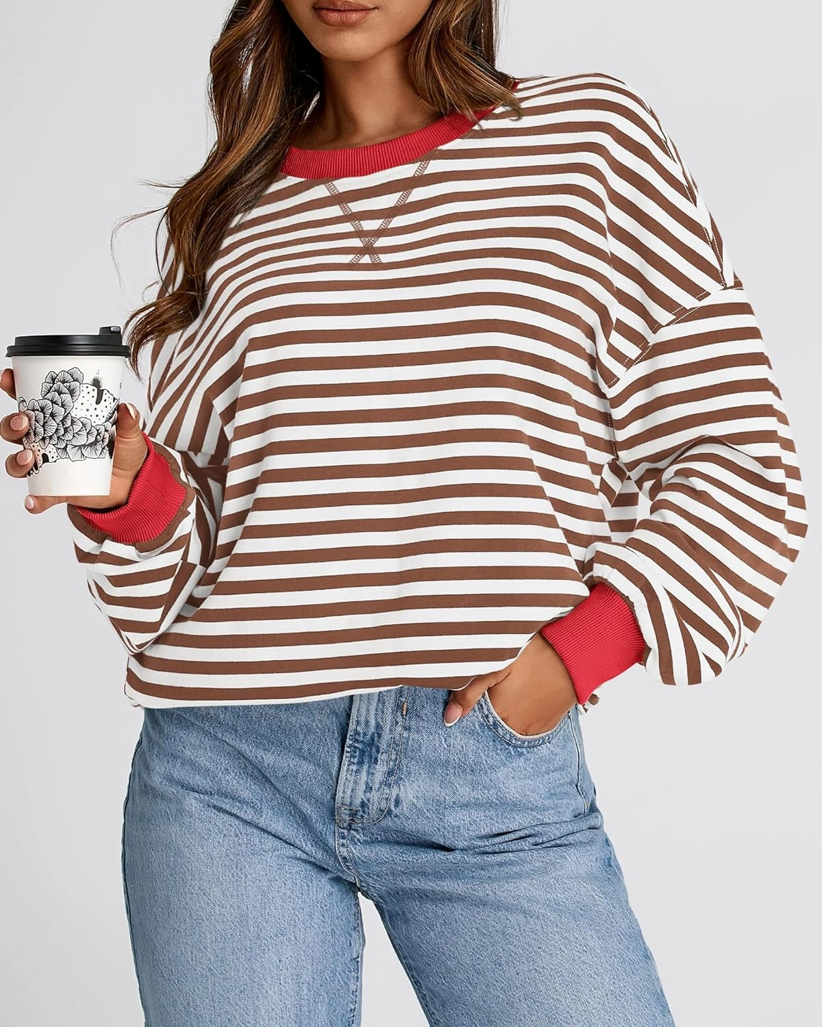 BTFBM Womens Striped Pullover Tops Spring Fall Clothes 2025 Long Sleeve Shirts Trendy Crew Neck Loose Y2K Sweatshirts