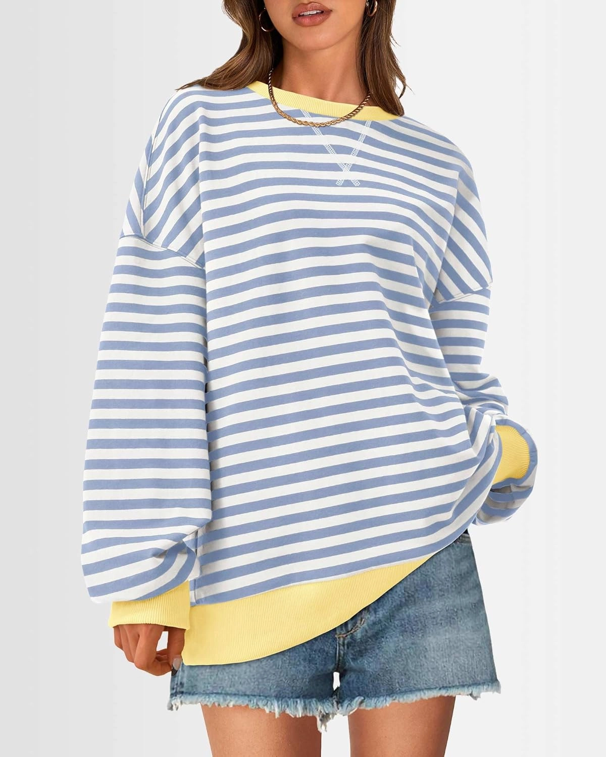 BTFBM Womens Striped Pullover Tops Spring Fall Clothes 2025 Long Sleeve Shirts Trendy Crew Neck Loose Y2K Sweatshirts