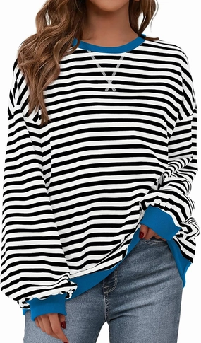 BTFBM Womens Striped Pullover Tops Spring Fall Clothes 2025 Long Sleeve Shirts Trendy Crew Neck Loose Y2K Sweatshirts
