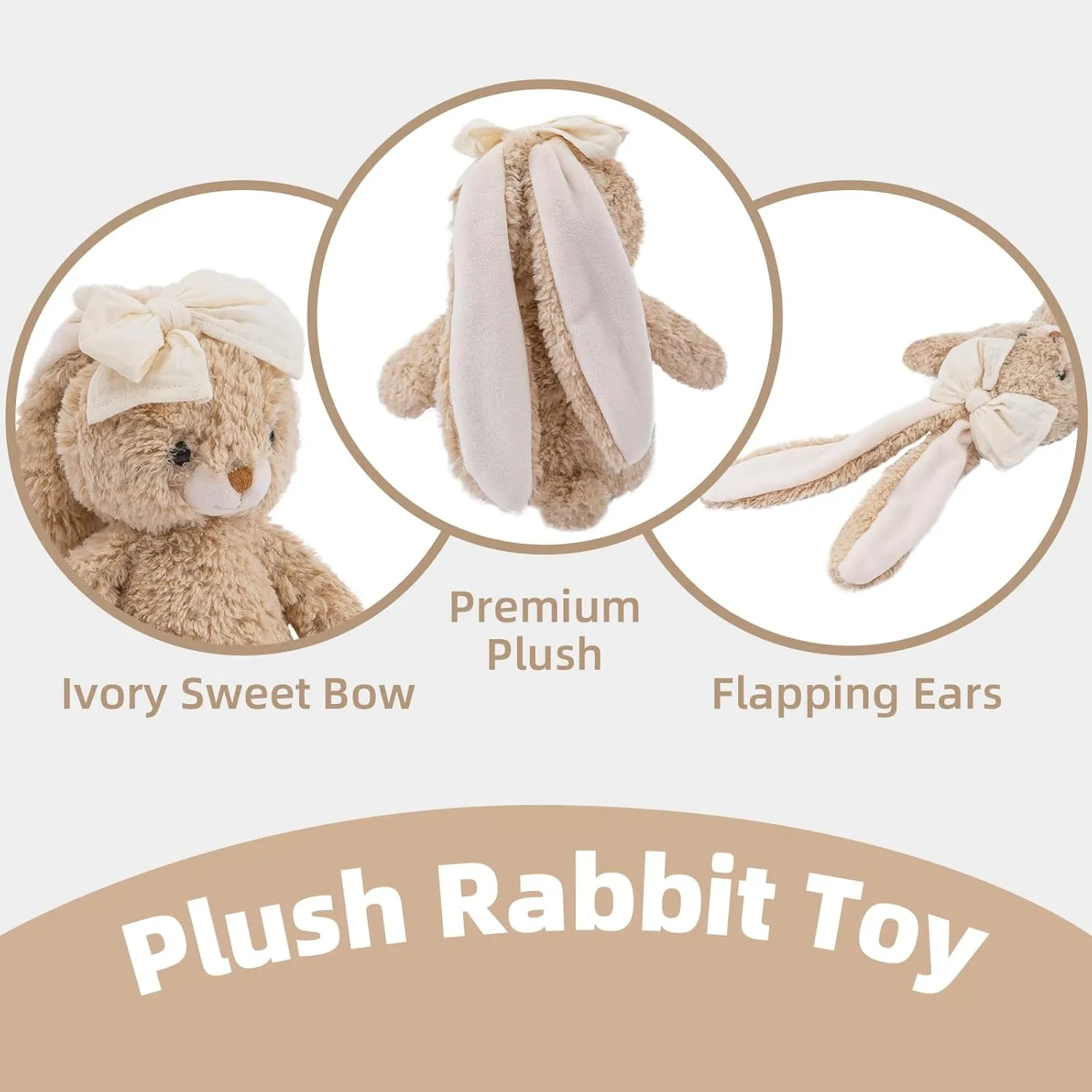 Bunny Stuffed Animal Soft Rabbit Cuddly Toy 8'' Long - Eared Brown Plush Bunny with Cream Bow Plush Toys for Babies and Toddlers