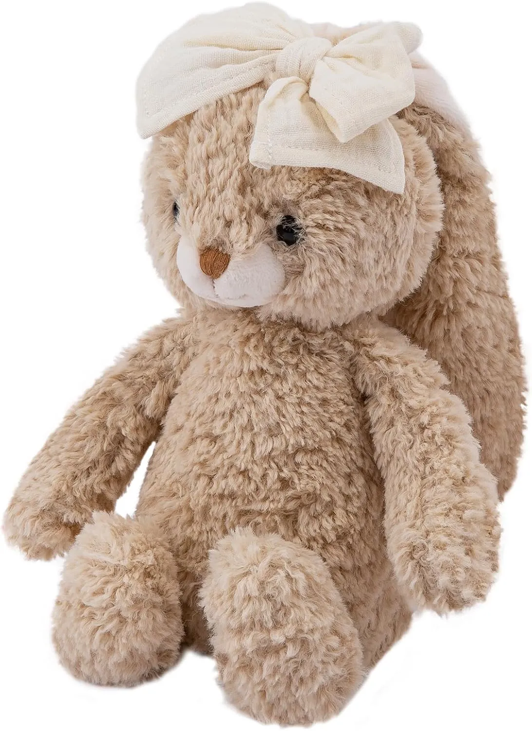 Bunny Stuffed Animal Soft Rabbit Cuddly Toy 8'' Long - Eared Brown Plush Bunny with Cream Bow Plush Toys for Babies and Toddlers