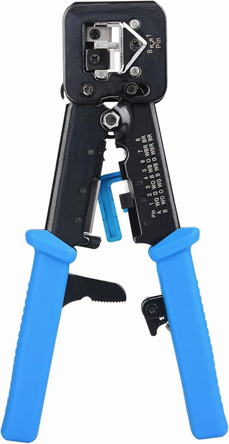 Cable Matters Modular RJ45 Crimp Tool for Pass-Through Connectors (Pass-Through Ethernet Crimper) with Built-in Wire Cutter and Stripper - 10-Pack Pass-Through Cat6 RJ45 Connectors Included