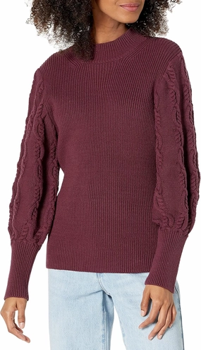 Cable Stitch Women's Cable Sleeve Ribbed Sweater - Mock Neck Long Blouson Lantern Sleeve Pullover Top