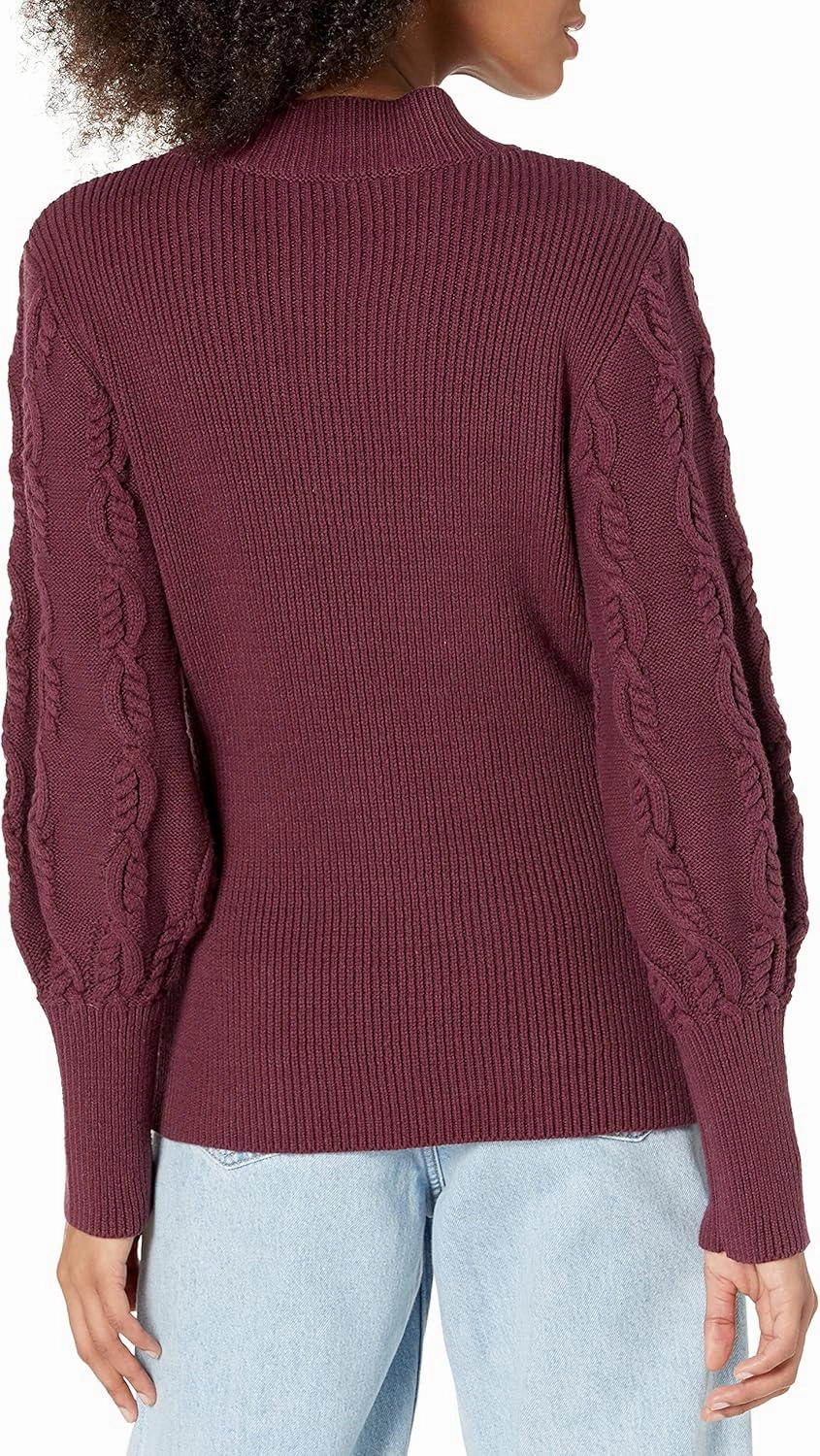 Cable Stitch Women's Cable Sleeve Ribbed Sweater - Mock Neck Long Blouson Lantern Sleeve Pullover Top