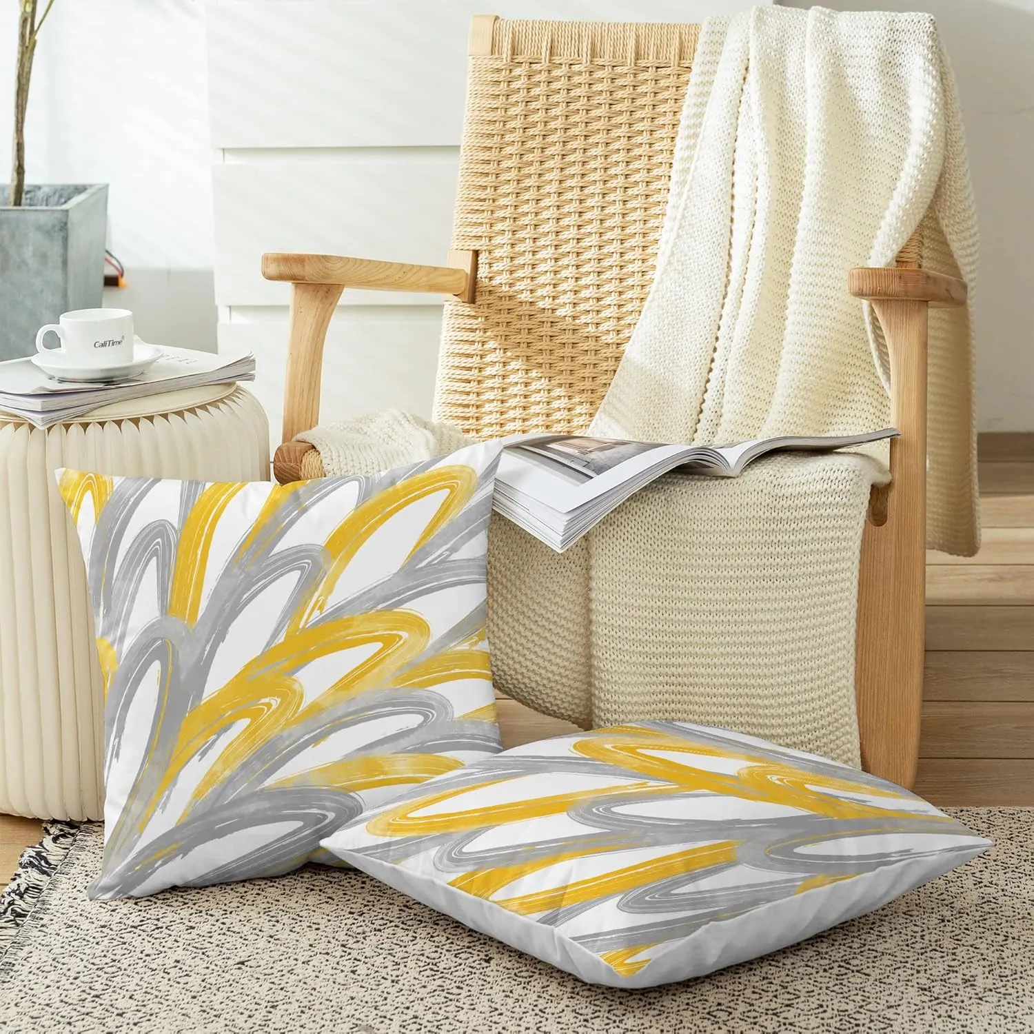 CaliTime Throw Pillow Cases Pack of 2 Cozy Fleece Two-Tone Abstract Feather Decorative Cushion Covers for Couch Bed Sofa Farmhouse Decoration 16 X 16 Inches Golden Grey