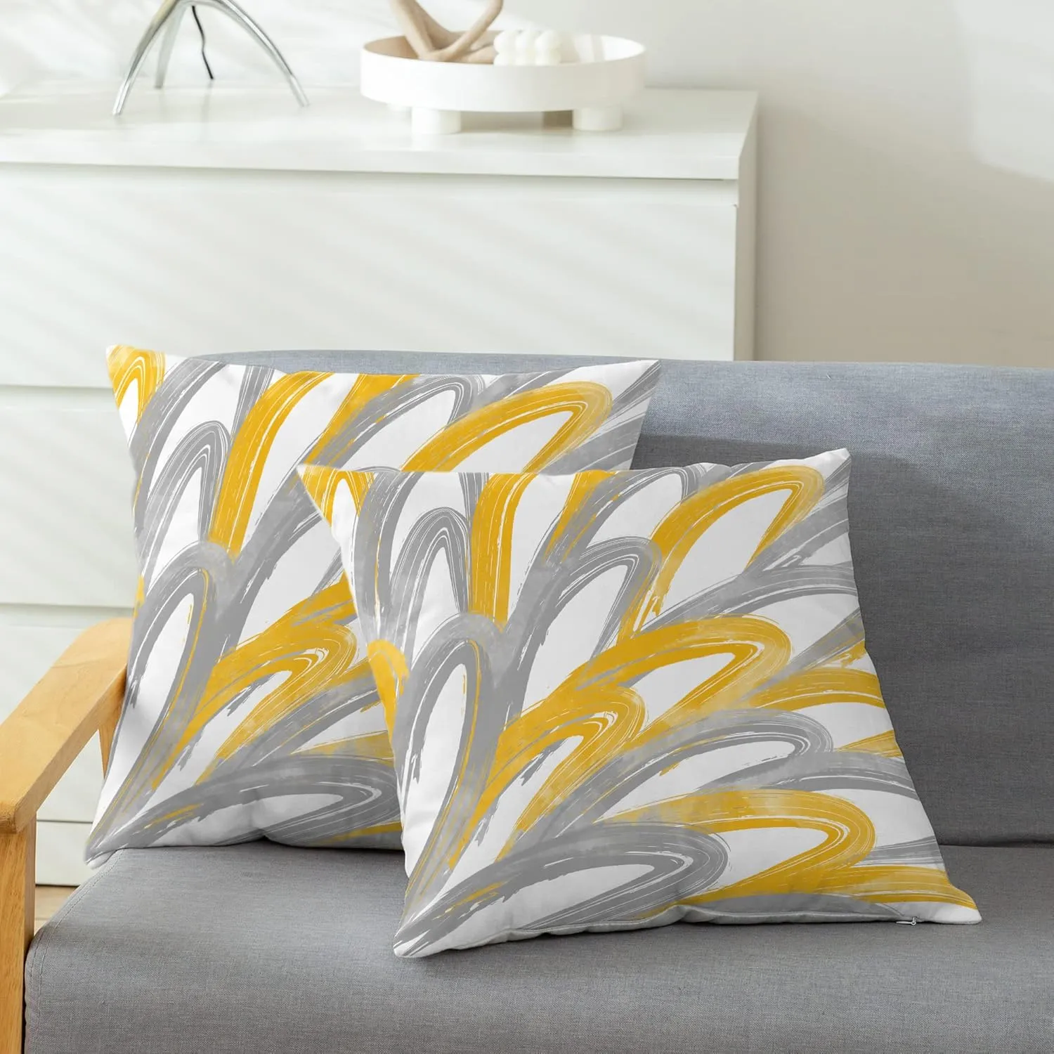 CaliTime Throw Pillow Cases Pack of 2 Cozy Fleece Two-Tone Abstract Feather Decorative Cushion Covers for Couch Bed Sofa Farmhouse Decoration 16 X 16 Inches Golden Grey