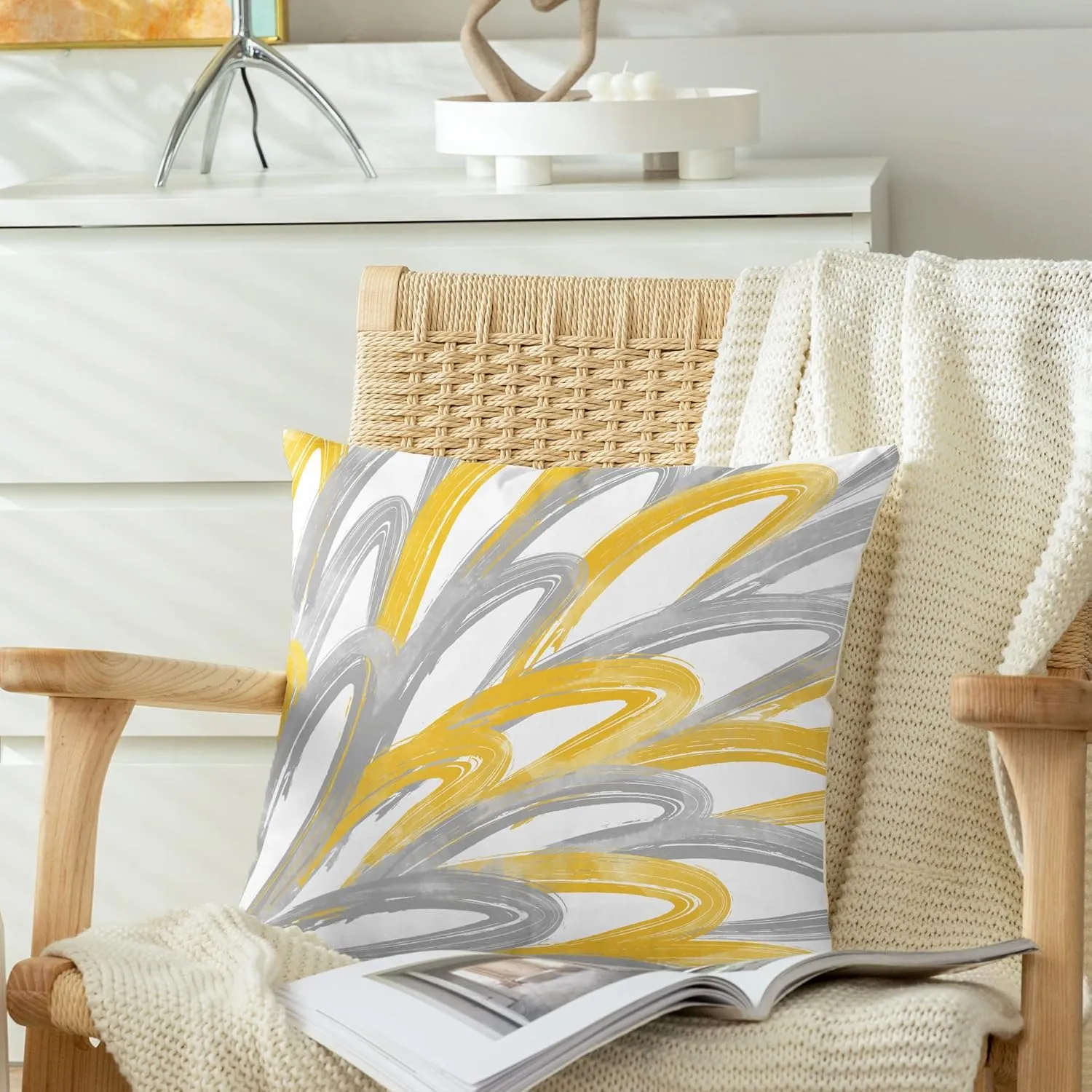 CaliTime Throw Pillow Cases Pack of 2 Cozy Fleece Two-Tone Abstract Feather Decorative Cushion Covers for Couch Bed Sofa Farmhouse Decoration 16 X 16 Inches Golden Grey