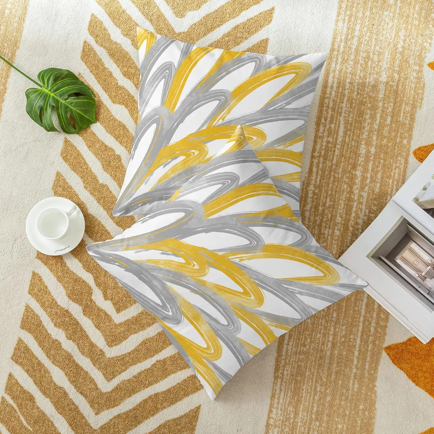 CaliTime Throw Pillow Cases Pack of 2 Cozy Fleece Two-Tone Abstract Feather Decorative Cushion Covers for Couch Bed Sofa Farmhouse Decoration 16 X 16 Inches Golden Grey
