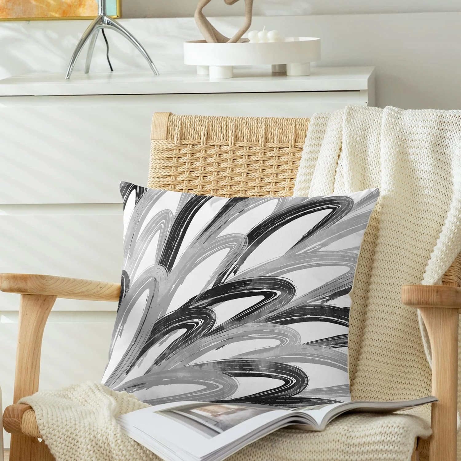 CaliTime Throw Pillow Cases Pack of 2 Cozy Fleece Two-Tone Abstract Feather Decorative Cushion Covers for Couch Bed Sofa Farmhouse Decoration 16 X 16 Inches Black Grey