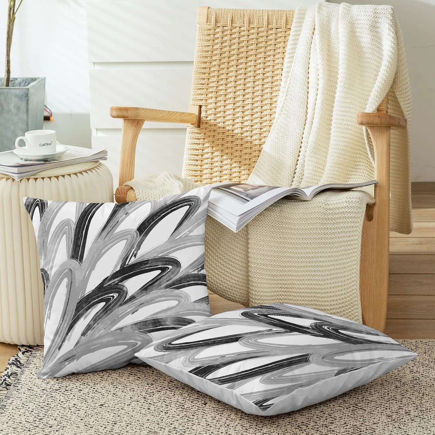 CaliTime Throw Pillow Cases Pack of 2 Cozy Fleece Two-Tone Abstract Feather Decorative Cushion Covers for Couch Bed Sofa Farmhouse Decoration 16 X 16 Inches Black Grey