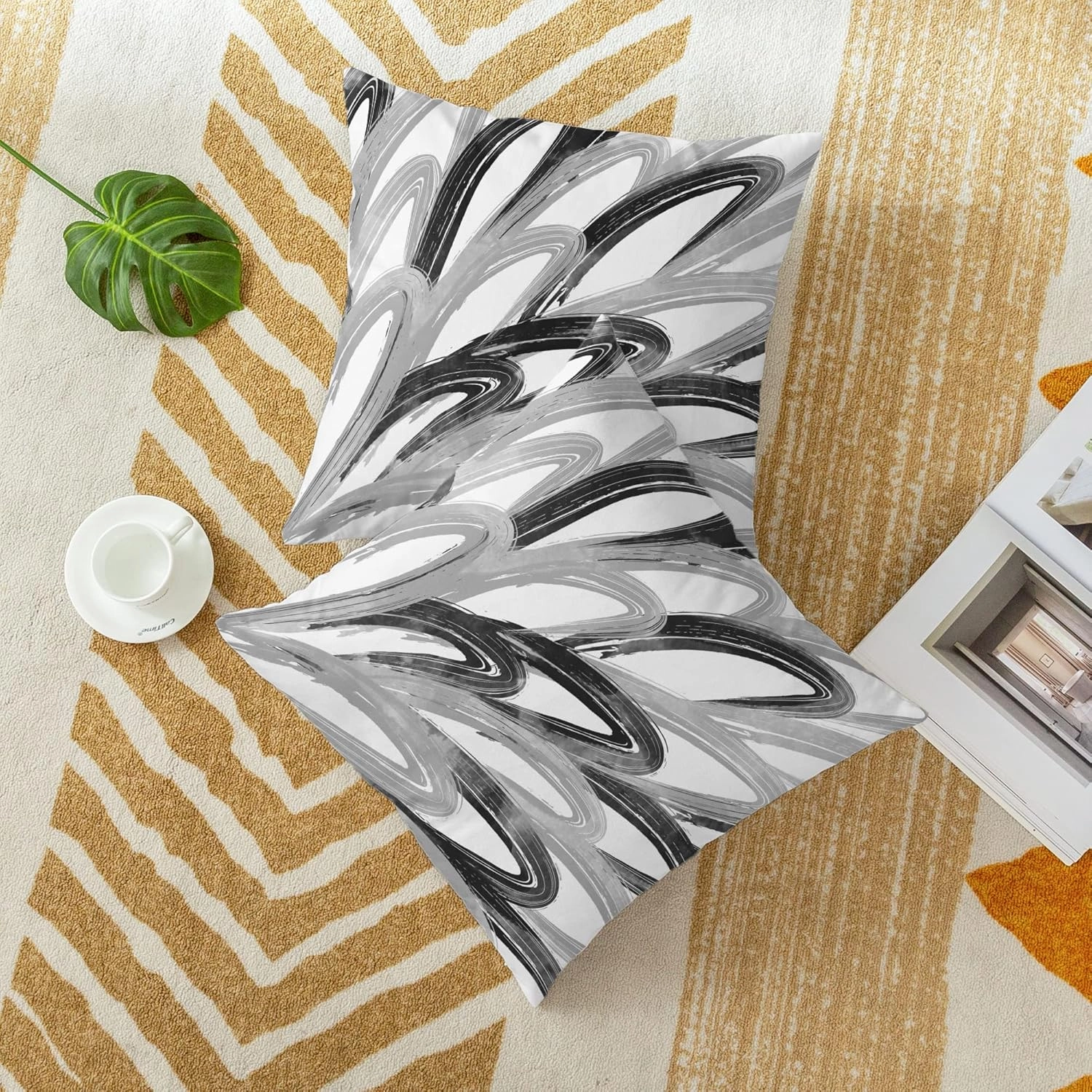 CaliTime Throw Pillow Cases Pack of 2 Cozy Fleece Two-Tone Abstract Feather Decorative Cushion Covers for Couch Bed Sofa Farmhouse Decoration 16 X 16 Inches Black Grey