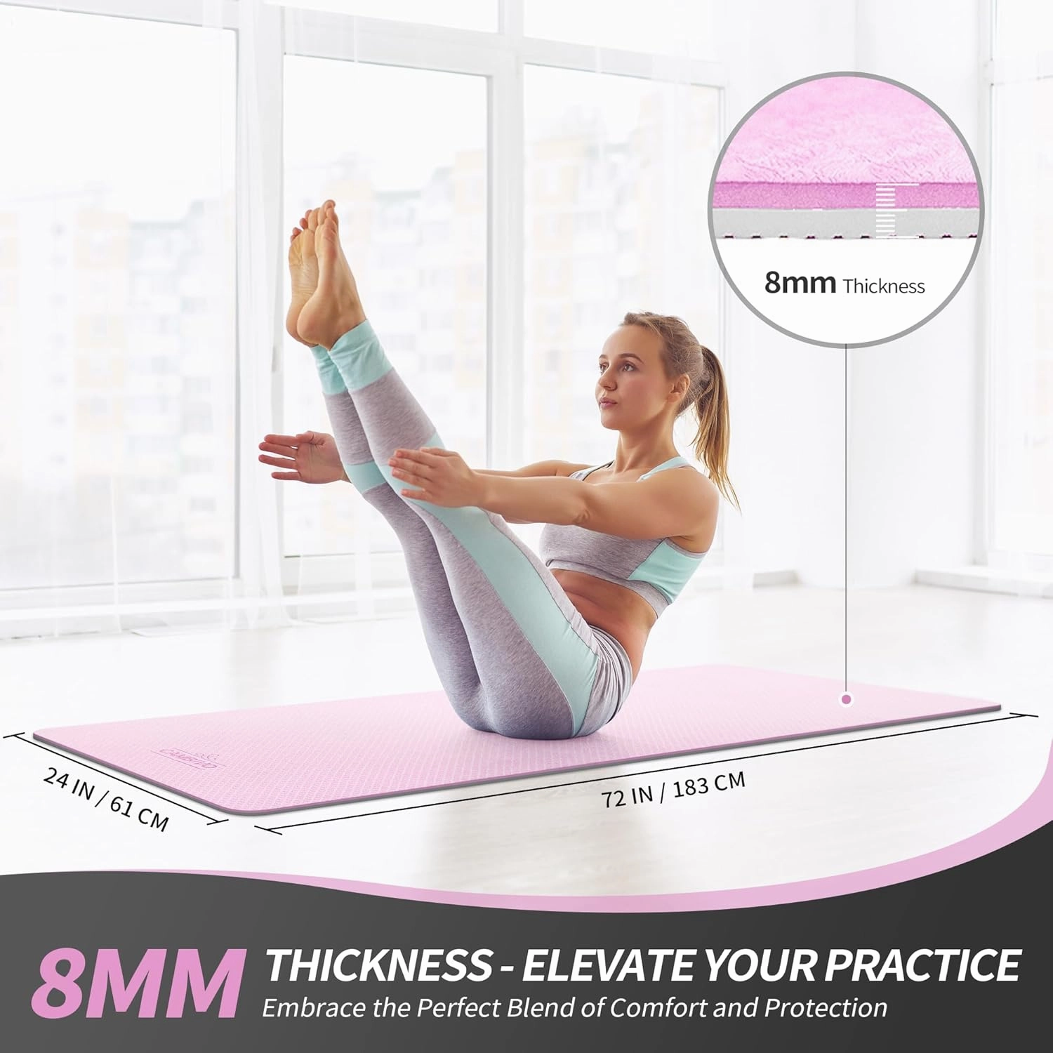 CAMBIVO Yoga Mat for Women Men Kids, 1/3 & 1/4 & 2/5 Inch Extra Thick Yoga Mat Non Slip, 72" x 24" TPE Yoga Mats, Workout Mat with Carrying Strap for Yoga, Pilates and Floor Exercises