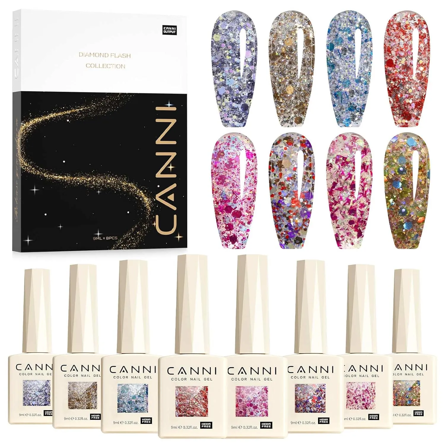 CANNI Gel Polish Glitter Gel Nail Polish Set, 8 Colors Glitter Nail Gel, Shiny Blue Red Brown Glitter Gel Polish U V LED Soak Off Manicure Glitz Flash Gel Series Kit Gift for Women Girls